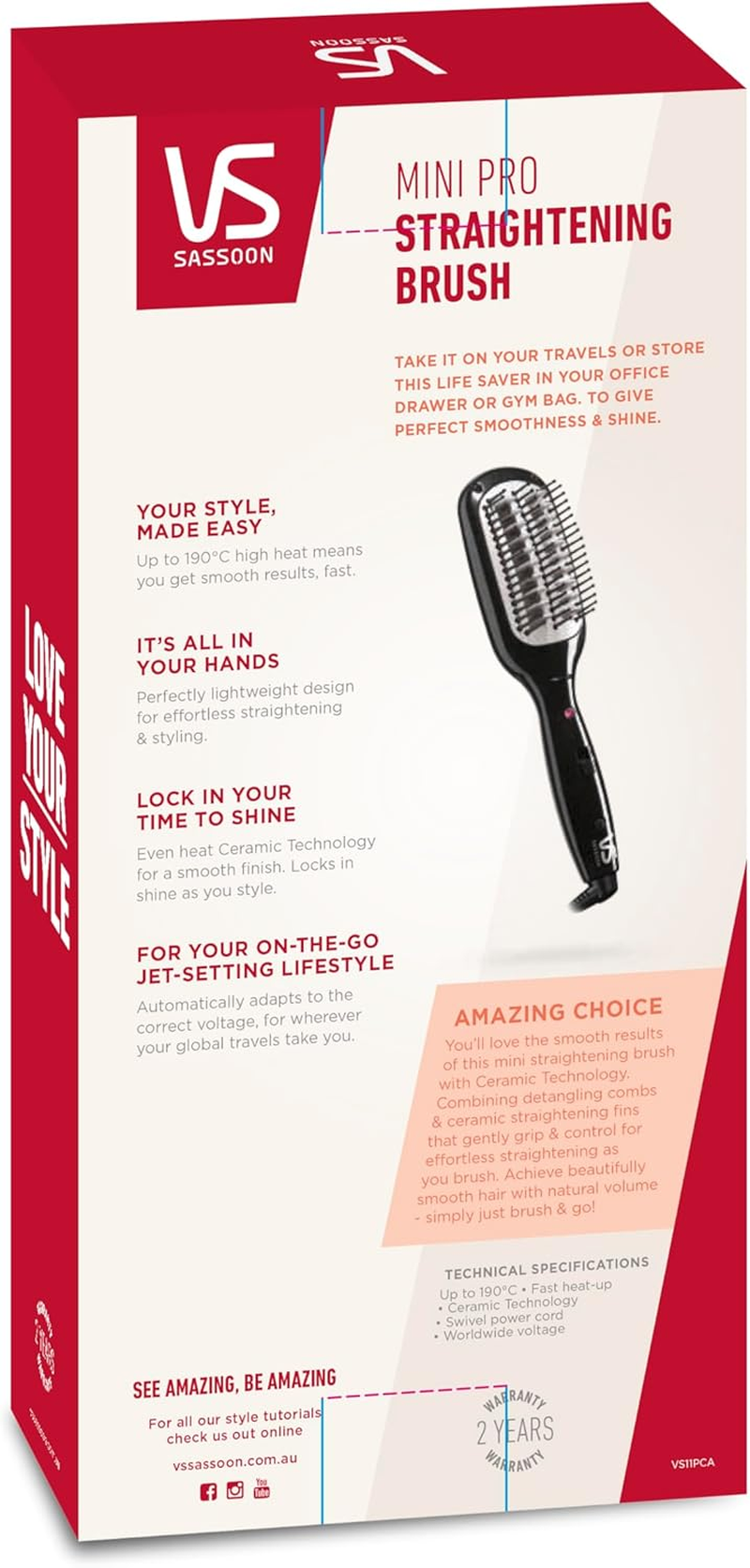 VS Sassoon Minipro Straightening Brush &ndash; Compact Heated Brush for Smooth Hair with Natural Volume, Ceramic Technology for Shine, Lightweight Design, Multi Voltage for Global Travel image number 6