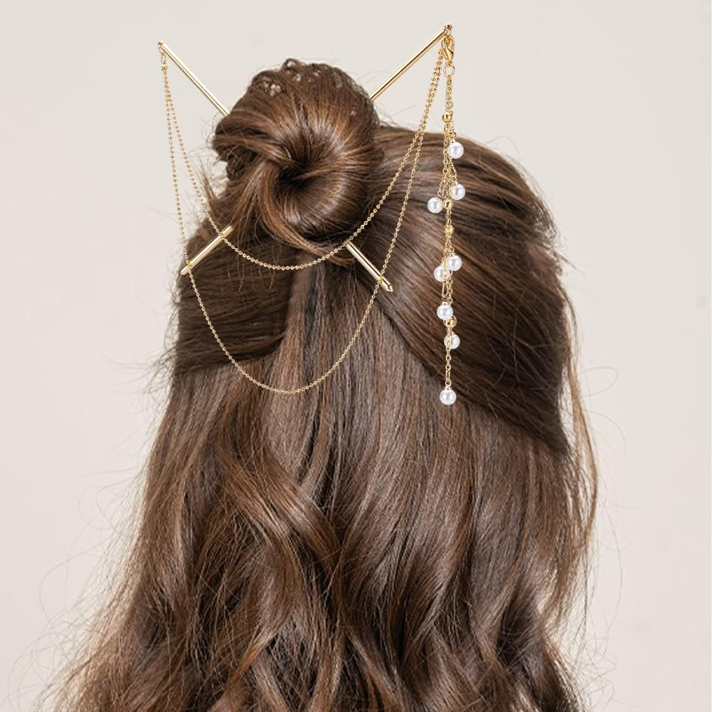 WEBBEDY 2-Style Chinese Double Chain Hair Chopsticks Vintage Tassel Hair Sticks Hanfu Chignon Hairpins Hair Accessories for Long Hair image number 2
