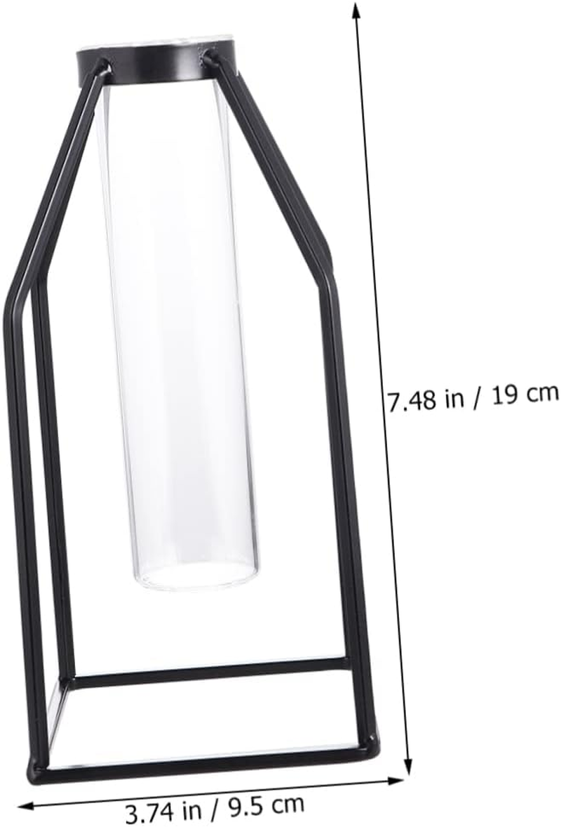 Cabilock Iron Art Square Glass Tube Vase Hydroponics Flower Planter Metal Frame Home Decor for Indoor Plants Gardening Supplies
