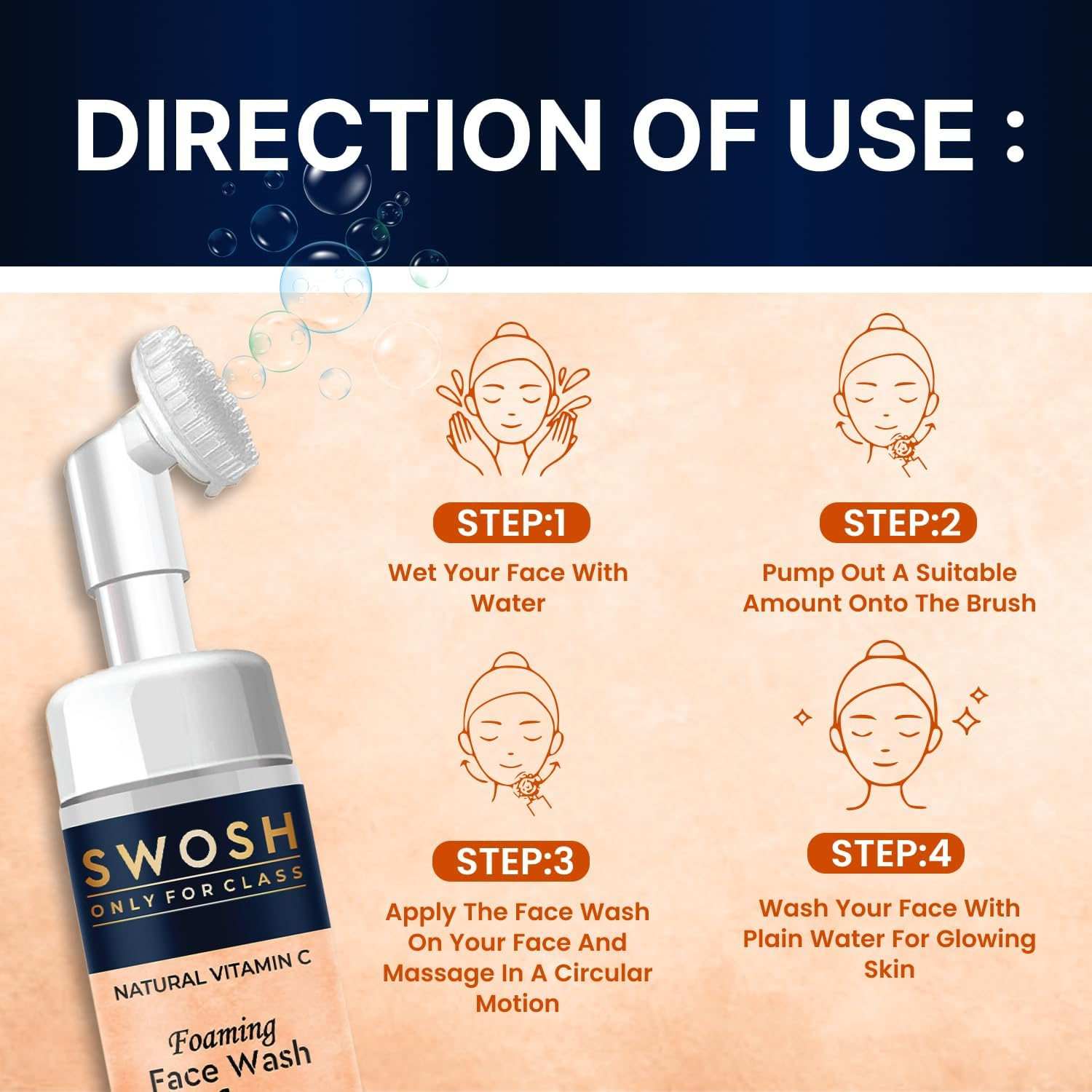 SWOSH Natural Vitamin C Foaming Face Wash for Pimple Prone & Oily Skin - No Parabens, Sulphate, Silicones & Colour (With Built-In Face Brush), 100 Ml/ 3.38 Fl Oz image number 4