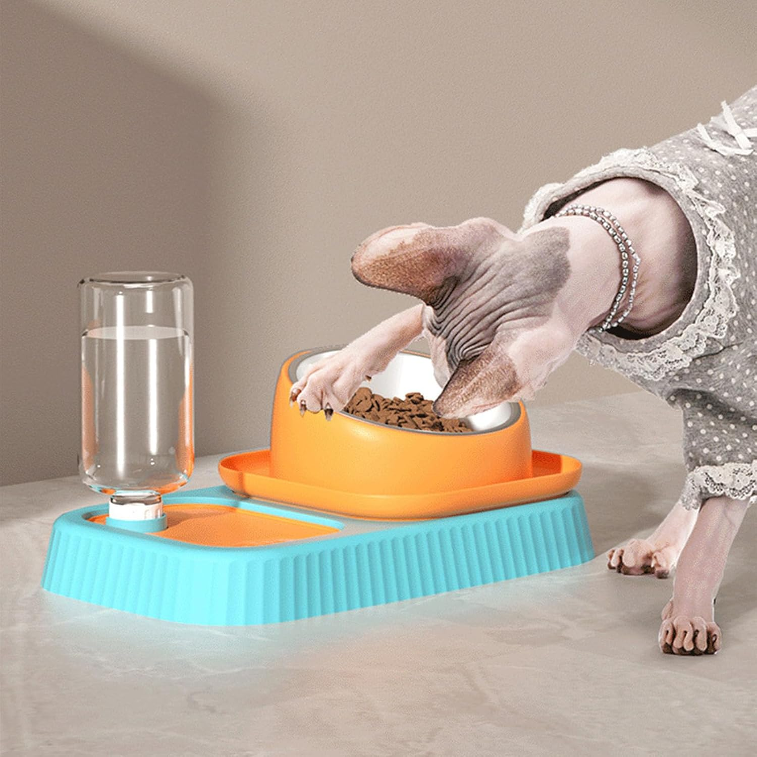 3 in 1 Dog Cat Bowls, Easy to Clean Slow Feeder Bowls Stainless Steel Food Bowl with Water Dispenser, Elevated Double Dog Cat Bowl Tilted Cat Food and Water Bowl Set for Small Dog Kitten Puppy image number 6