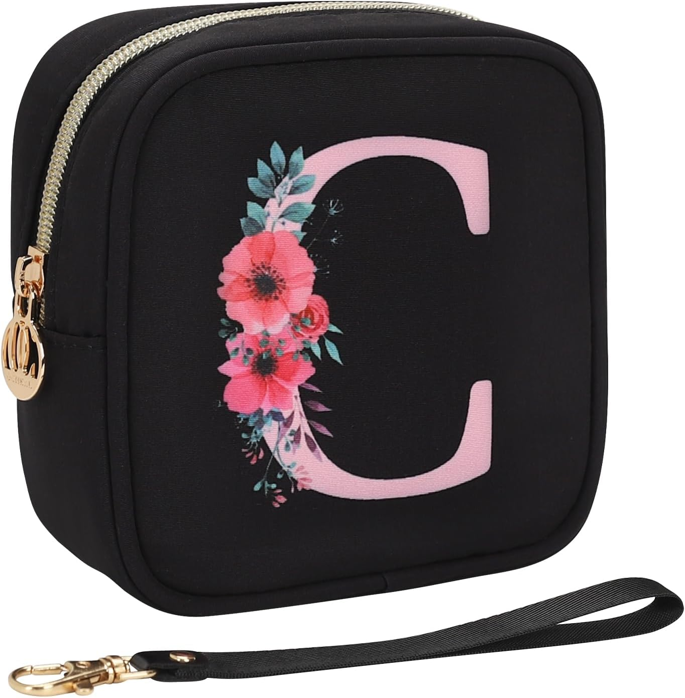 Relavel Initial Small Makeup Bag for Purse, Personalized Gifts for Women Girls Travel Cosmetic Pouch with Card Slot, Mini Lipstick Pouch with Removable Handle, Portable Skincare Bag for Daily, Black O