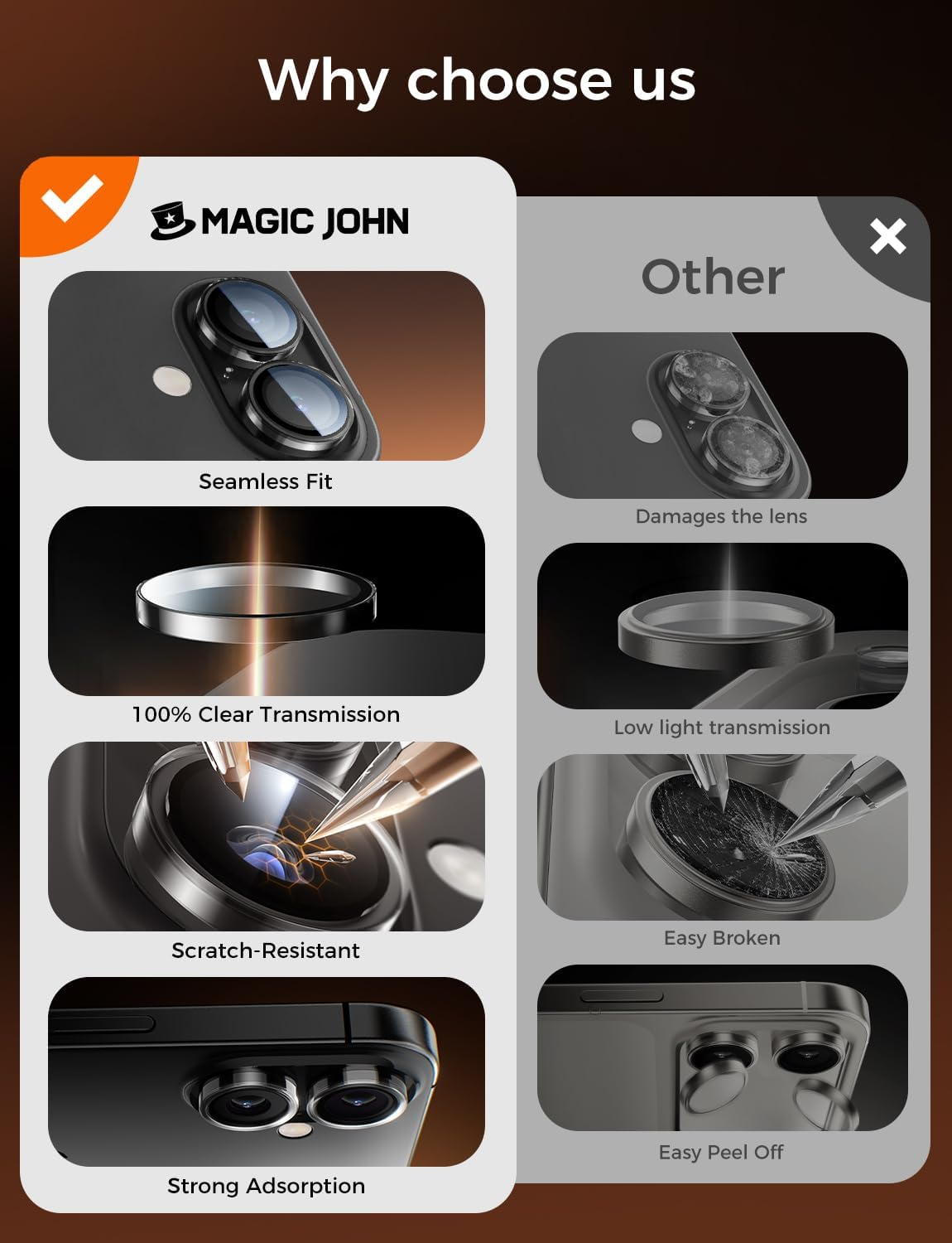 MAGIC JOHN for Iphone 17 Camera Lens Protector [Alignment Kit&1:1 Invisible Fit] 9H Aerospace Tempered Glass, Ultra HD, Metal Individual Ring, Case Friendly, 2 Pack, Clear