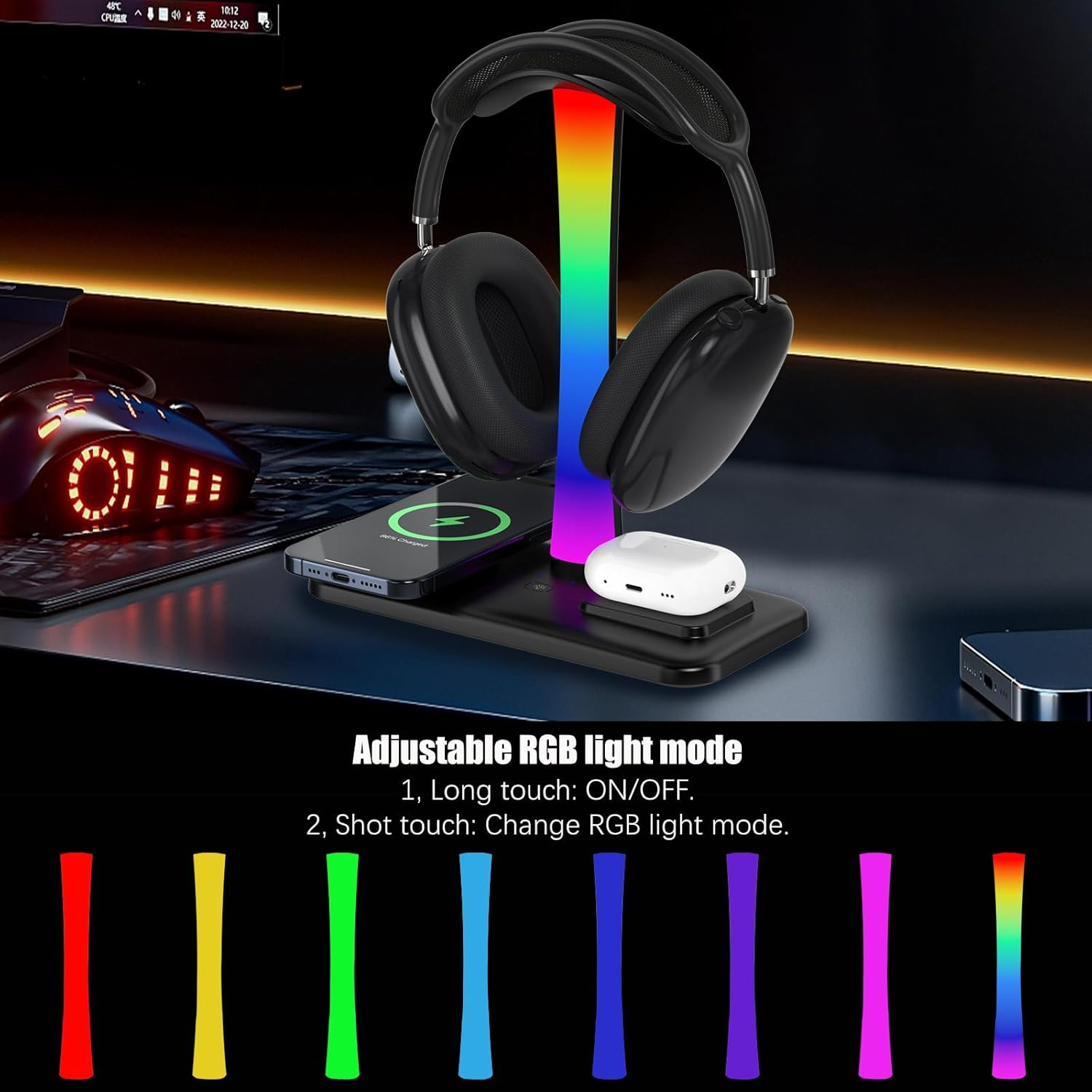 Headphone Stand with Wireless Charger,Gaming Headset Stand with RGB Light Mode,Airpod Max Stand Compatible with Airpod Pro/3/2,Iphone 16/15/14/13/12/11,Samsung,Gifts for Gamers & Music Lover (Black) - Black image number 5