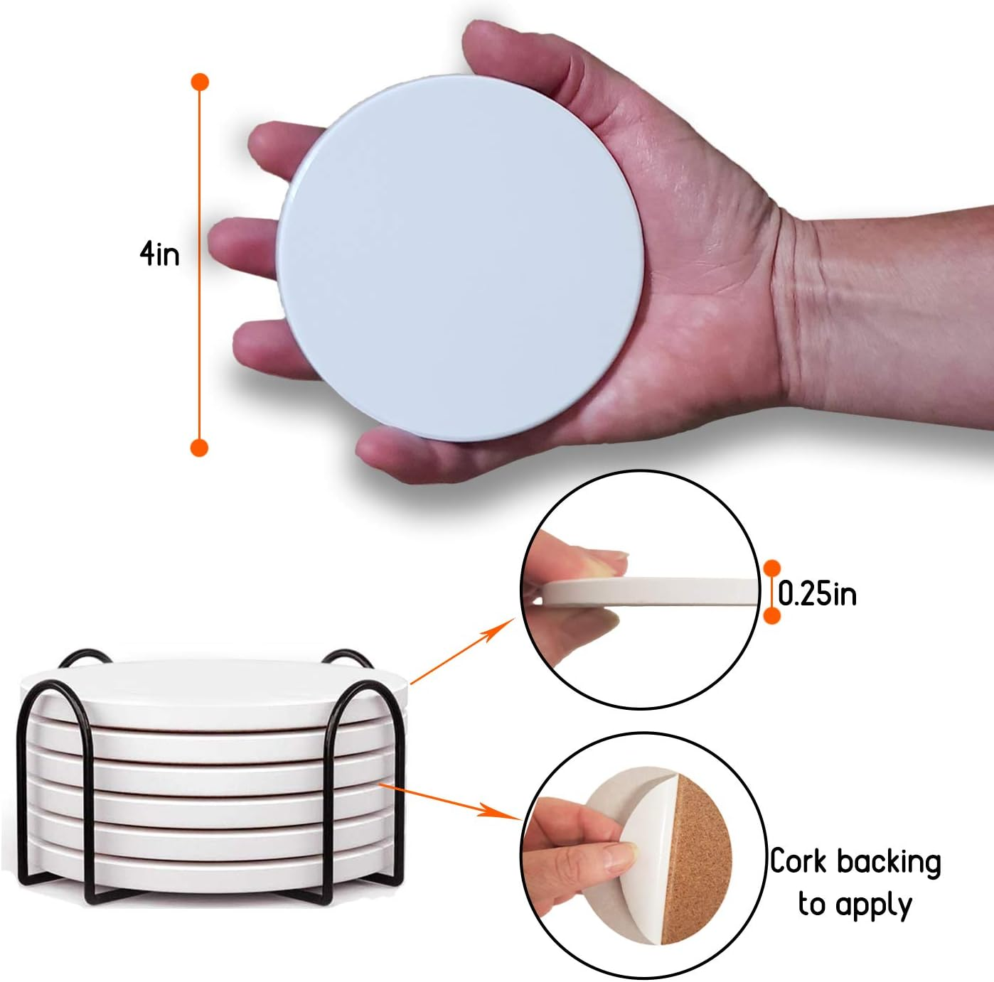 Ceramic Coaster Sets - 12 round 102Mm (4 Inch) MATT Absorbent Coasters - Stick-On Cork Backing Pads & 2 Metal Stands image number 7