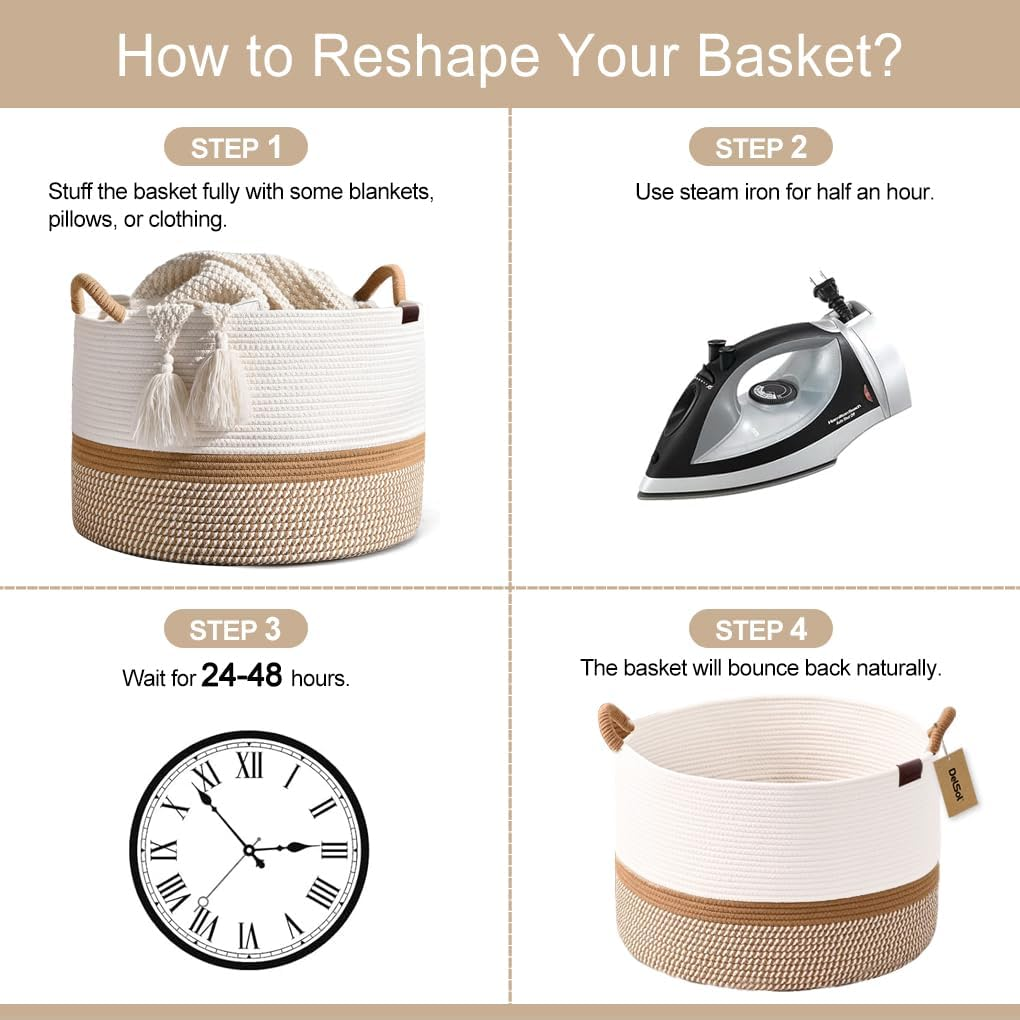 Delsol Large Blanket Basket Woven Wicker Nursery Cotton Rope Baskets for Storage Pillows Clothes Toy Organizer Hamper with Handle (Camel & White) image number 3