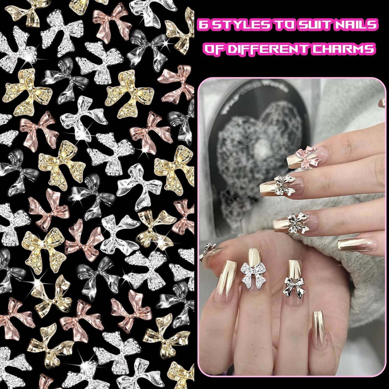 60 Pcs Metal Bow Nail Charms, Alloy Nail Bows 3D Golden Silver Gray Bowknots Charms for Nails,Nail Art Accessories Manicure Nails DIY Charms, Luxury Shiny Bow Tie Nail Gems Charms