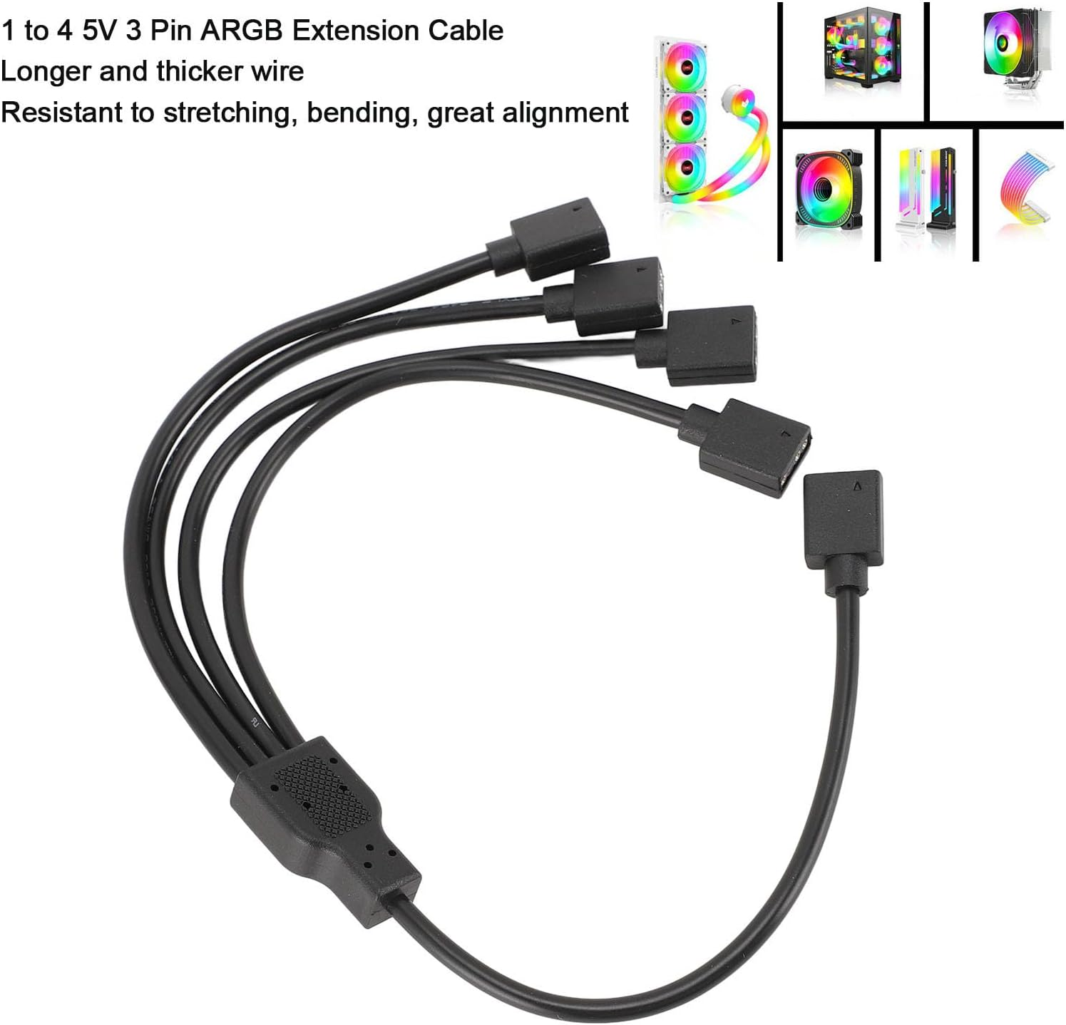 ARGB Splitter Cable, 1 to 4 Female to Female 3 Pin RGB Splitter Extension Cable for Computer Chassis CPU Cooler and 5V ARGB Fan (Black)