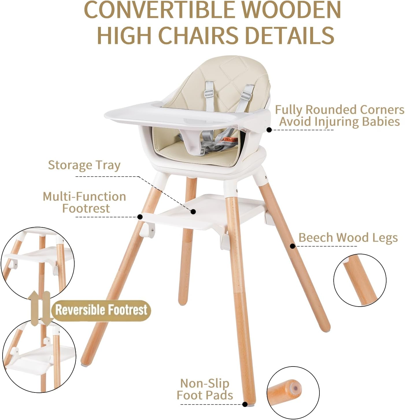 6 in 1 Baby High Chair, Convertible Wooden High Chairs/Booster Seat for Babies and Toddlers, Baby Feeding Chair with 5-Point Harness/Double Removable Tray & Adjustable Footrest (Beige) image number 5