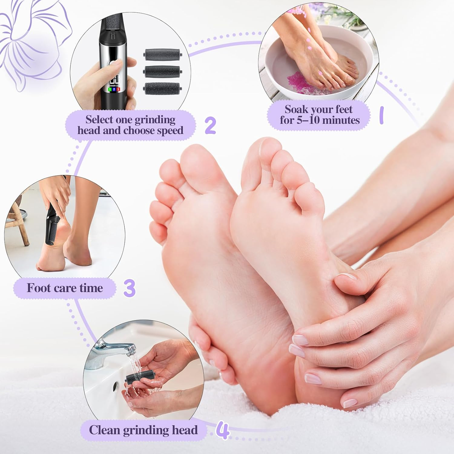 Electric Foot Callus Remover, Smooth Pedicure Wand Feet Rechargeable, Electric Foot File Pedicure Tool with 3 Rollers, 3 Speeds for Dry Cracked Heels, Hard Skin, Calluses, Dead Skin (Black) image number 2