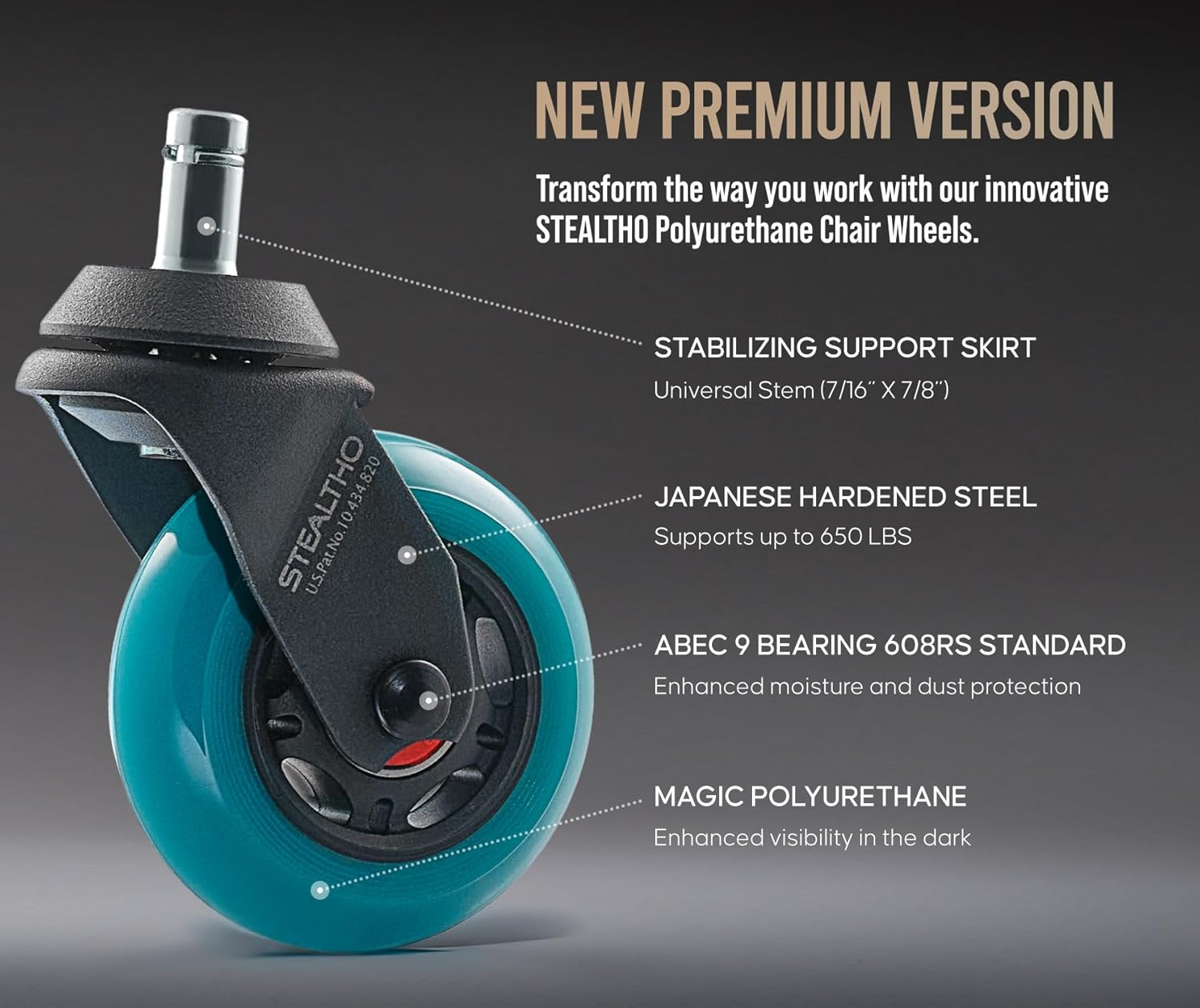 STEALTHO Replacement Office Chair Caster Wheels Set of 5 - Protect Your Floor - Quick & Quiet Rolling over the Cables - No More Chair Mat Needed - Blue Polyurethane - Universal Stem 7/16 Inch image number 4