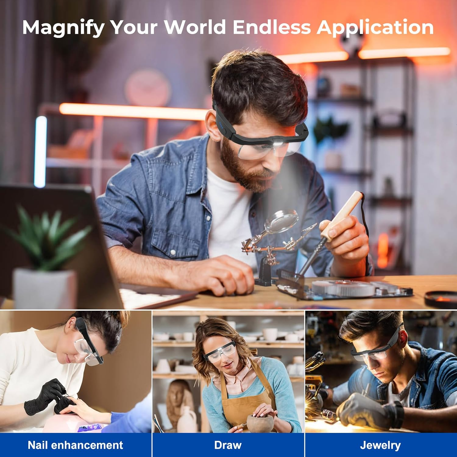 Magnifying Glass with Light Hands Free, Rechargeable Magnifying Glasses Headset with 5 Detachable Lenses Magnifier for Close Work, Reading, Jewelry Making Crafts image number 6
