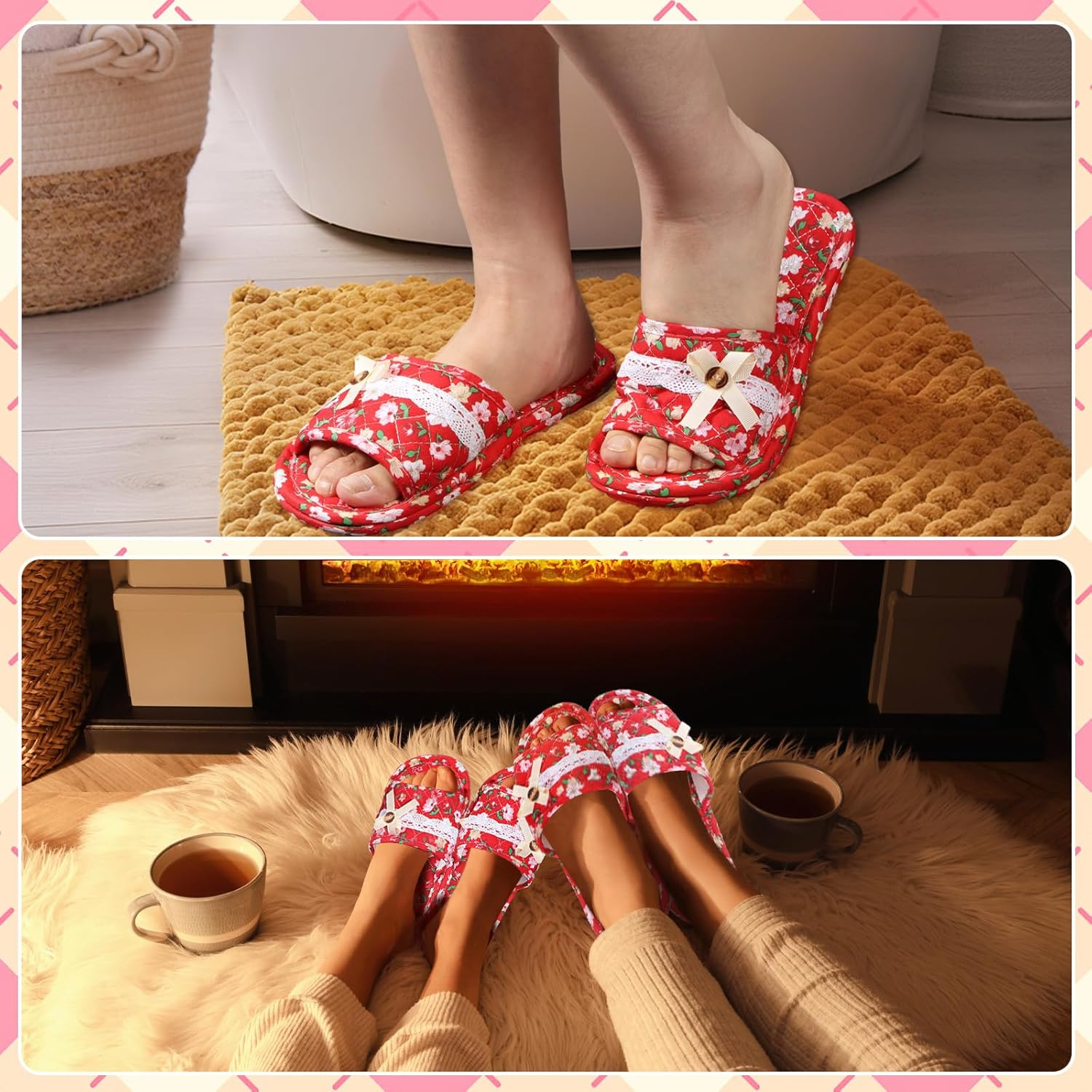 Chicingyou 3 Pairs Floral Cotton House Slippers for Guest Women Washable Indoor Cotton Slippers Open Toe for Hotel Travel Airplane Spa