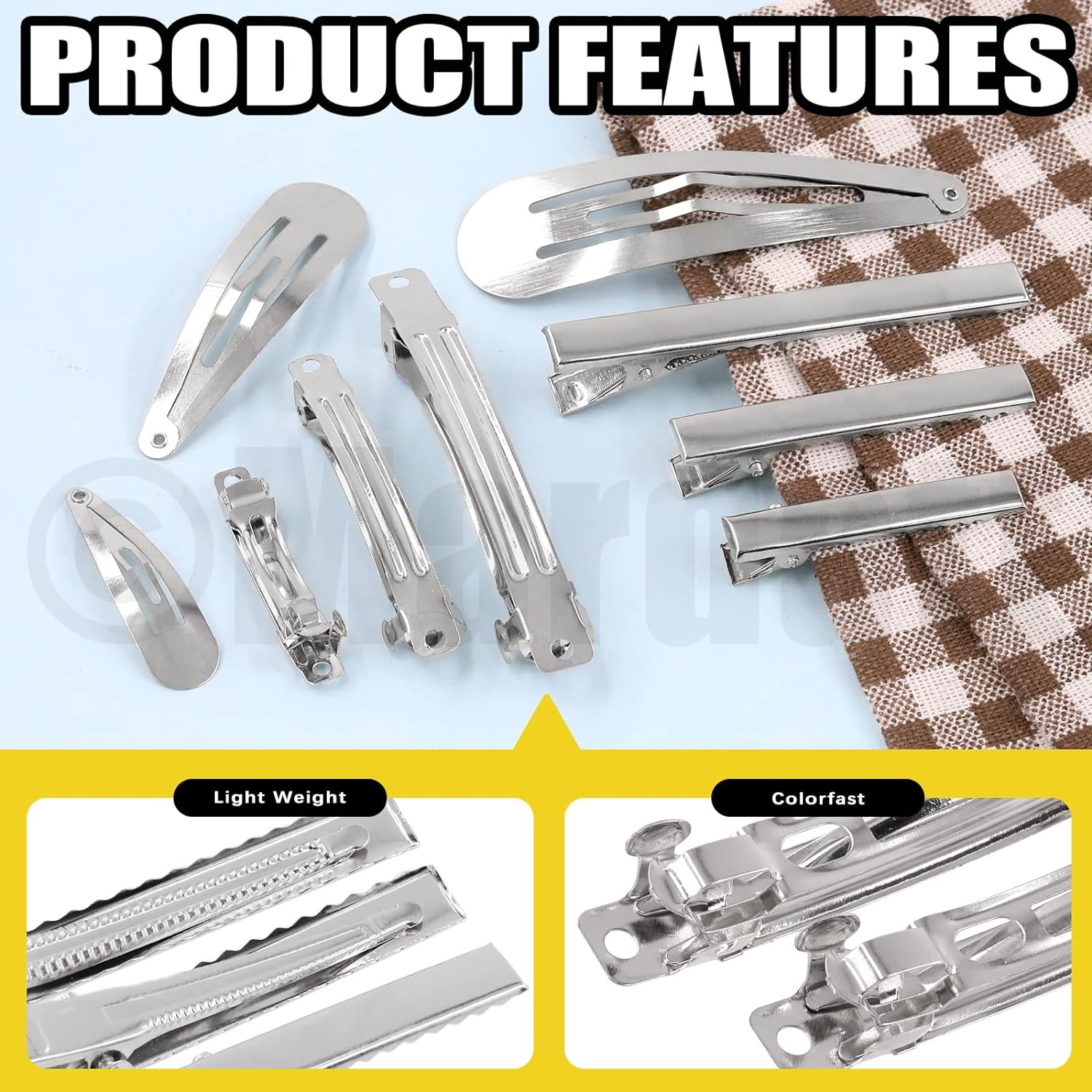 Mardatt 180 Pcs 9 Style Metal Hair Clip Assortment Set Silver Snap Hairpin French Blank Barrettes Single Prong Pin Curl Sectioning Clips Accessories for DIY Hairdressing Making Hair Care image number 2