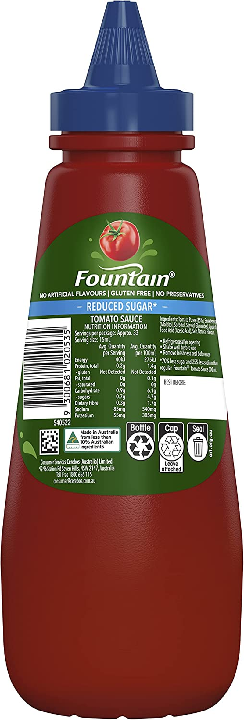 Fountain Tomato Sauce Reduced Sugar Dipping and Spreading Condiment Fountain Sauces Reduced Sugar 500Ml image number 6