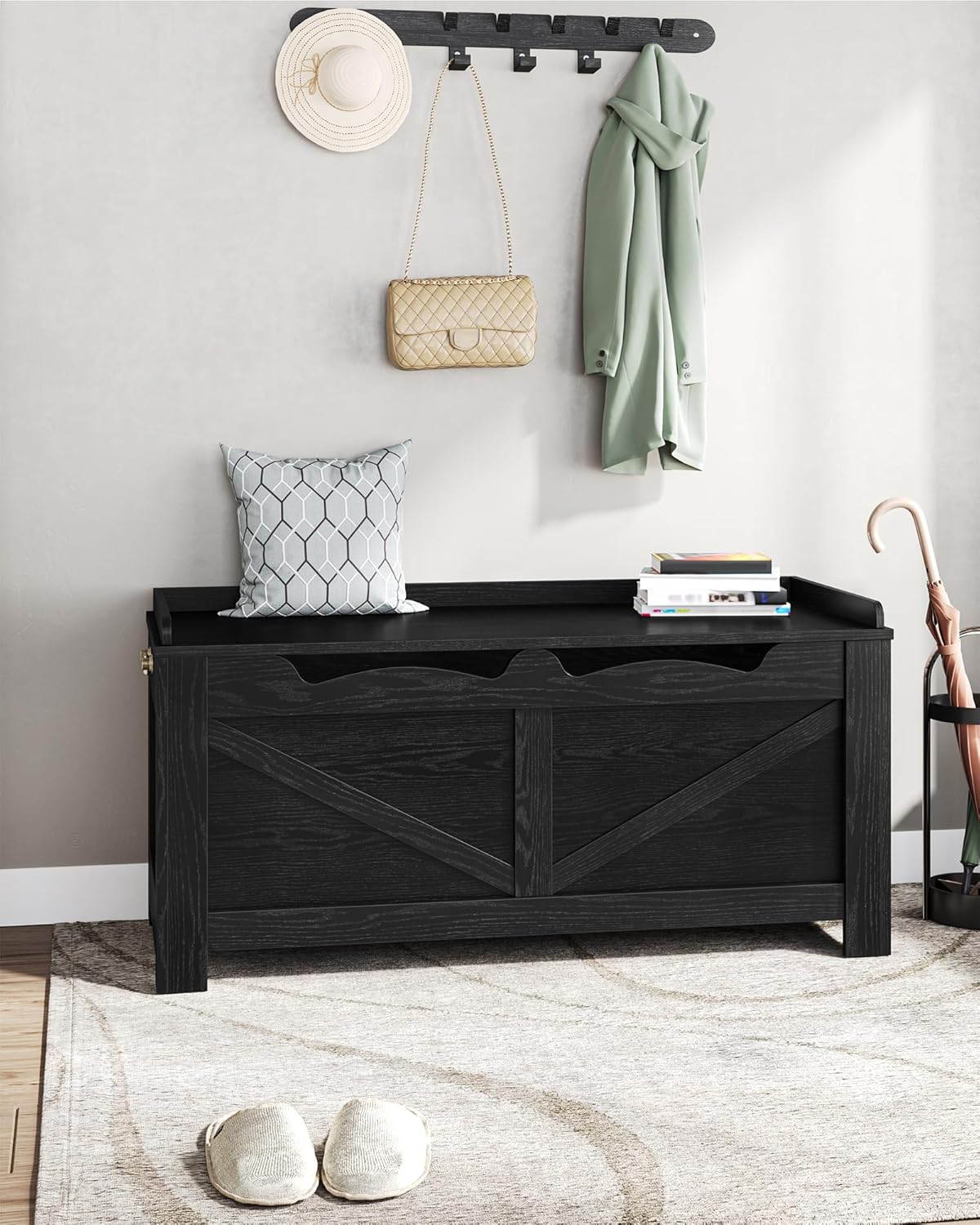 Hzuaneri 39.4" Storage Chest, Extra Large Storage Trunk with 2 Safety Hinges, Wooden Box Bench, Lift-Top Organizer Chest, Shoe Bench for Entryway, Bedroom, Living Room, Black SB04504X image number 6