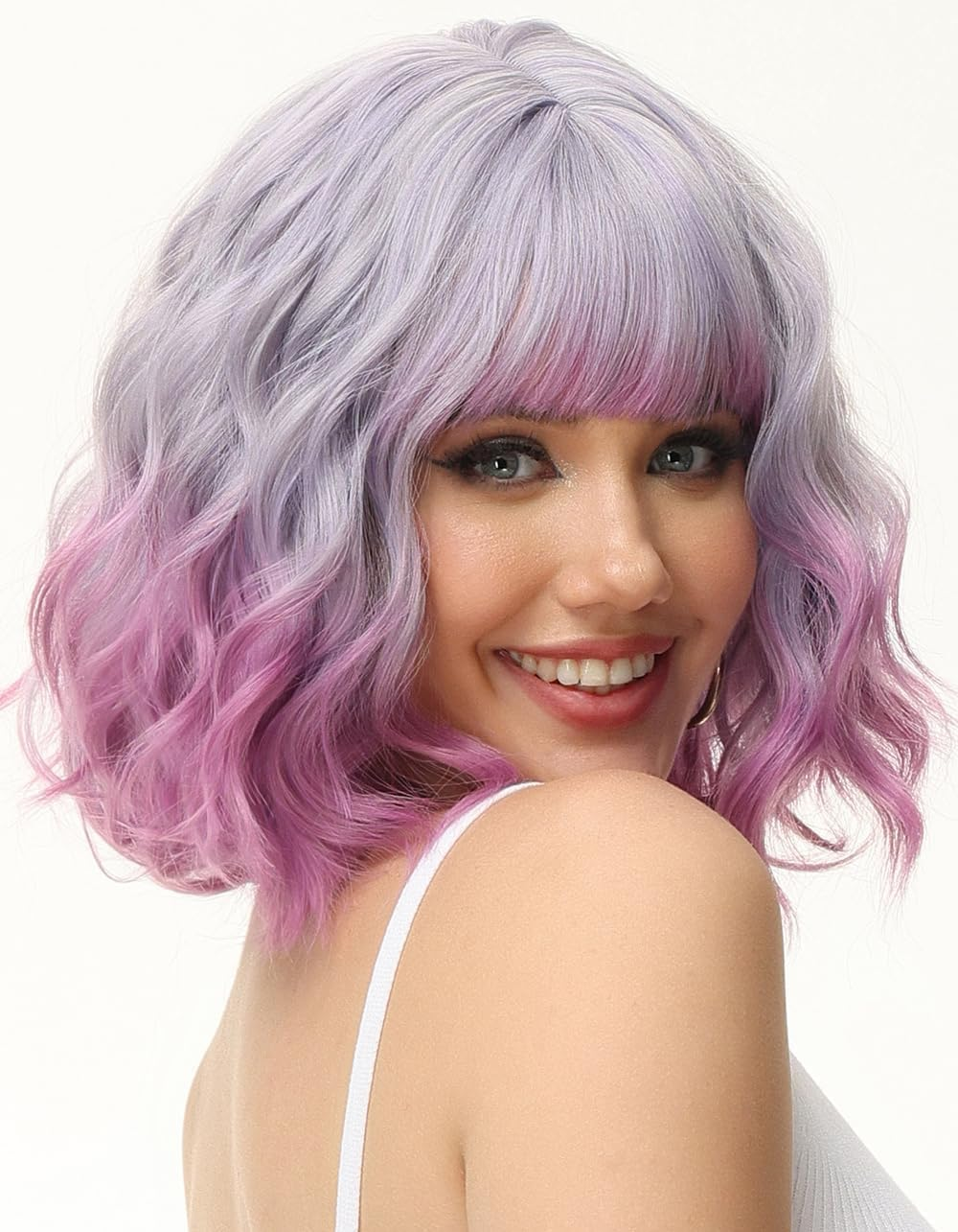 PORSMEER 10&ldquo; Short Wavy Bob Light Purple to Rose Wigs with Fringe for Women Wave Bob Curly Wig Synthetic Natural Looking Heat Resistant Fiber Wig (Purple/Pnk) - Dark Brown image number 6