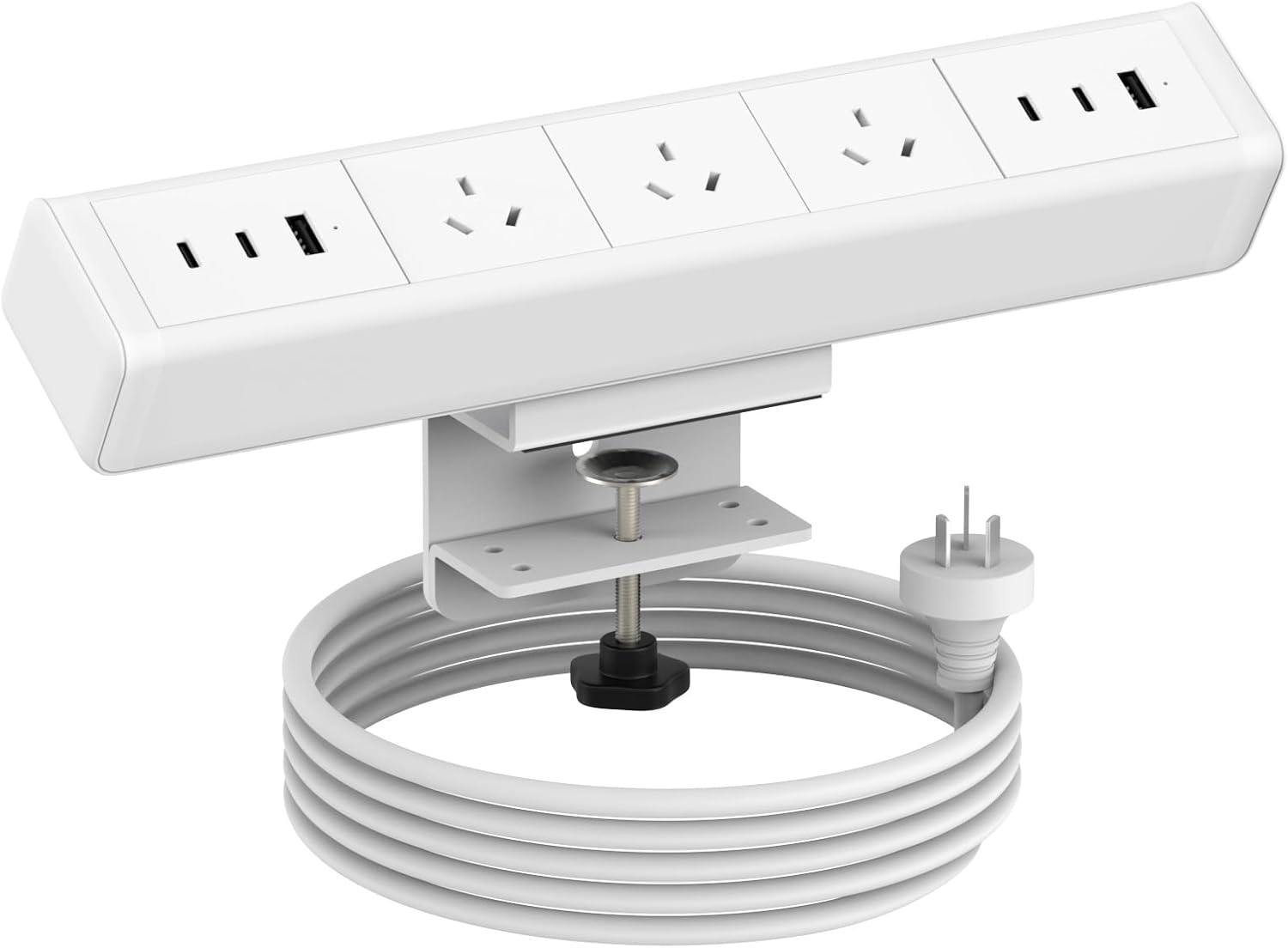 Desk Power Board with USB, Haiaoyyds Aluminium Alloy Clamp Powerboard - 3 Outlets, 6 USB Ports, 1.8M Cable, Desktop Mounted Power Strip for Home, Office, Workspace (White)