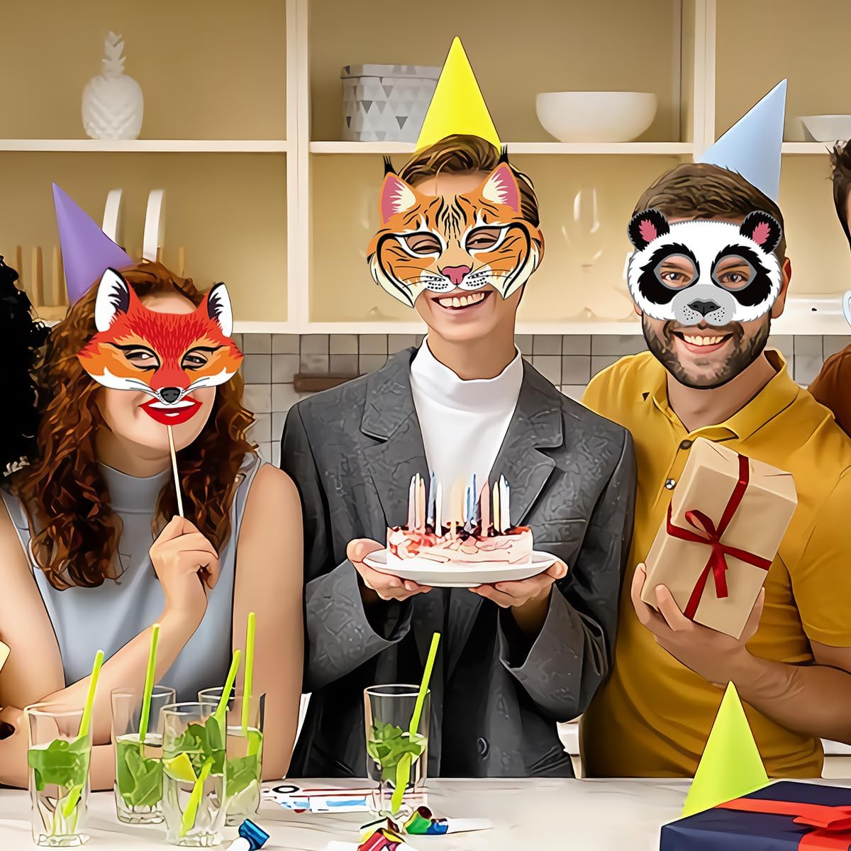 12 Pcs Safari Animal Face Masks Jungle Forest Zoo Animal Cartoon Masks, Creative Masks for Animal Theme Birthday Party image number 1