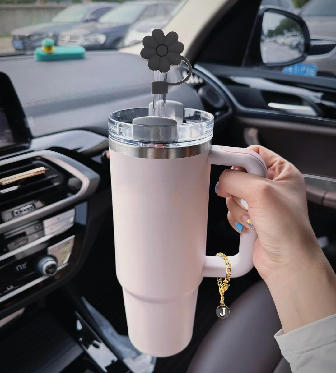 Stanley Cup Accessories, 1Pc Flower Stanley Straw Cover Silicone Straw Topper for Stanley 30&40 Oz Tumbler with Handle and 1Pc Initial Letter Charm for Stanley Cup (Letter J) - Letter A image number 6
