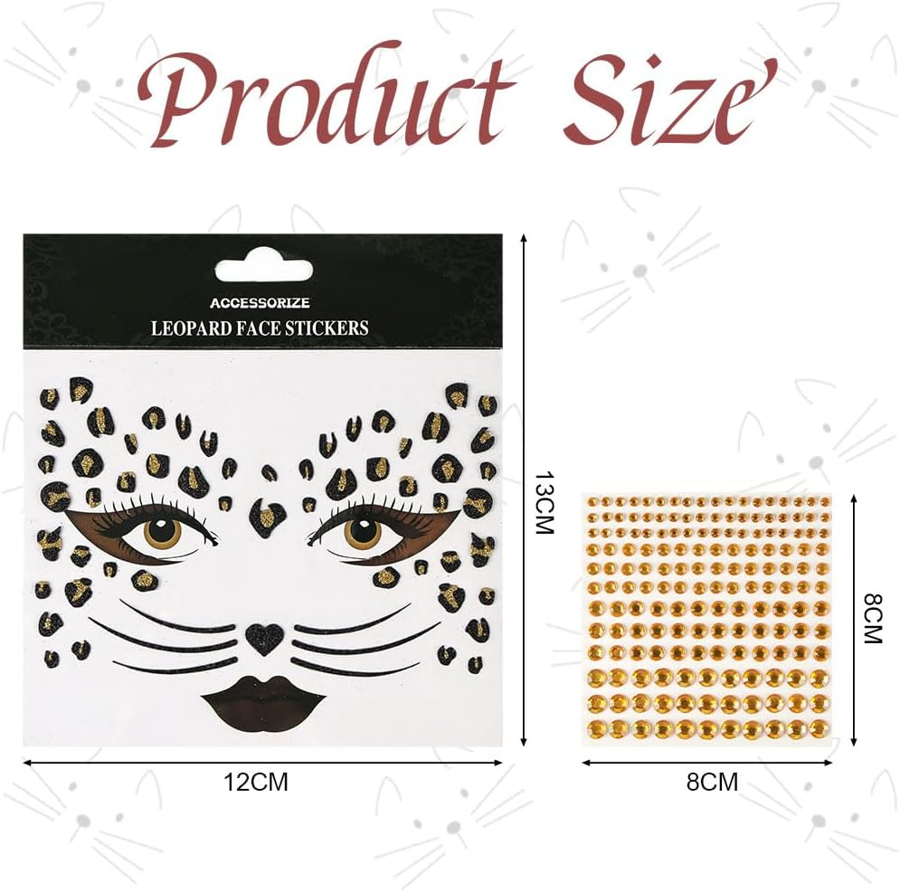 LOPHE Face Tattoo, 2 Sheets Glitter Face Tattoo Leopard 330 Pieces Glitter Stones Self-Adhesive, Glitter Face Tattoo Glitter Sticker Party Halloween Carnival - 6 Sheets Of Face Tattoo image number 3