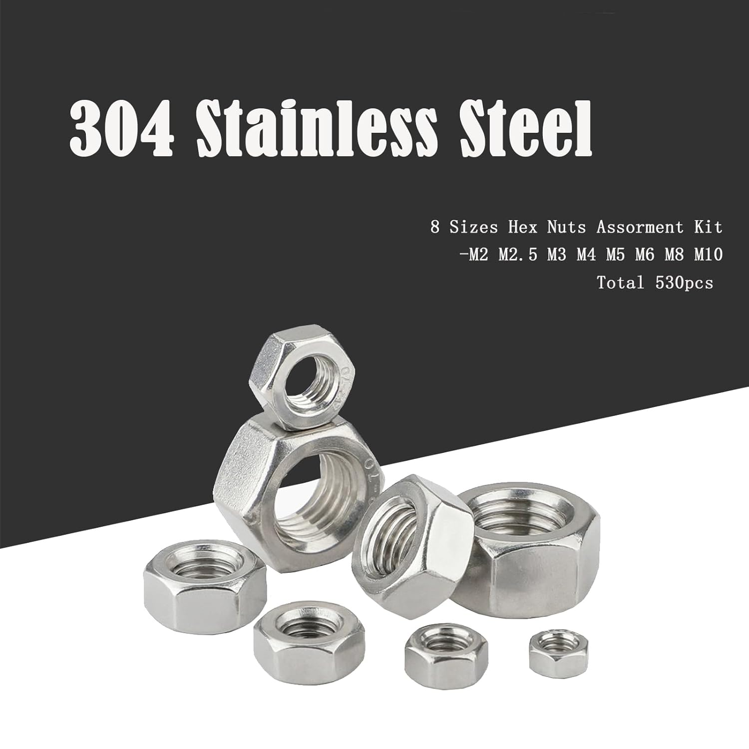 Ymaiss 530Pcs 304 Stainless Steel Hex Nuts Assortment Kit with Box 8Sizes M2 M2.5 M3 M4 M5 M6 M8 M10 Coarse Thread Hexagon Nut Hardware Nuts Sets for Screws Bolt image number 2