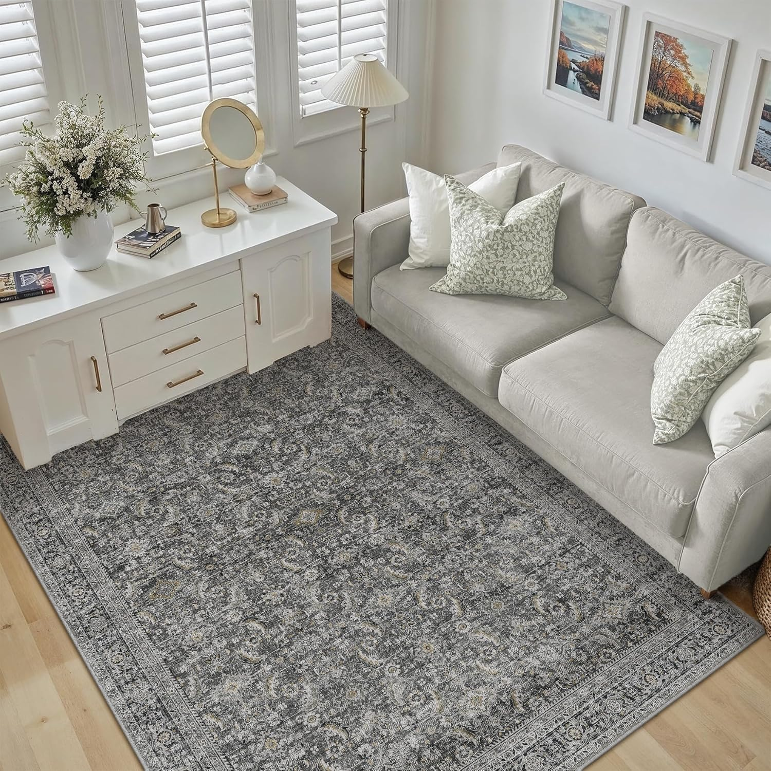 Purecozy Vintage Rugs for Living Room 160X230Cm Brown Office Washable Carpet Non Slip Bedroom Indoor Area Rug Low Pile Home Decor Retro Accent Rug for Dining Room Bathroom Kitchen