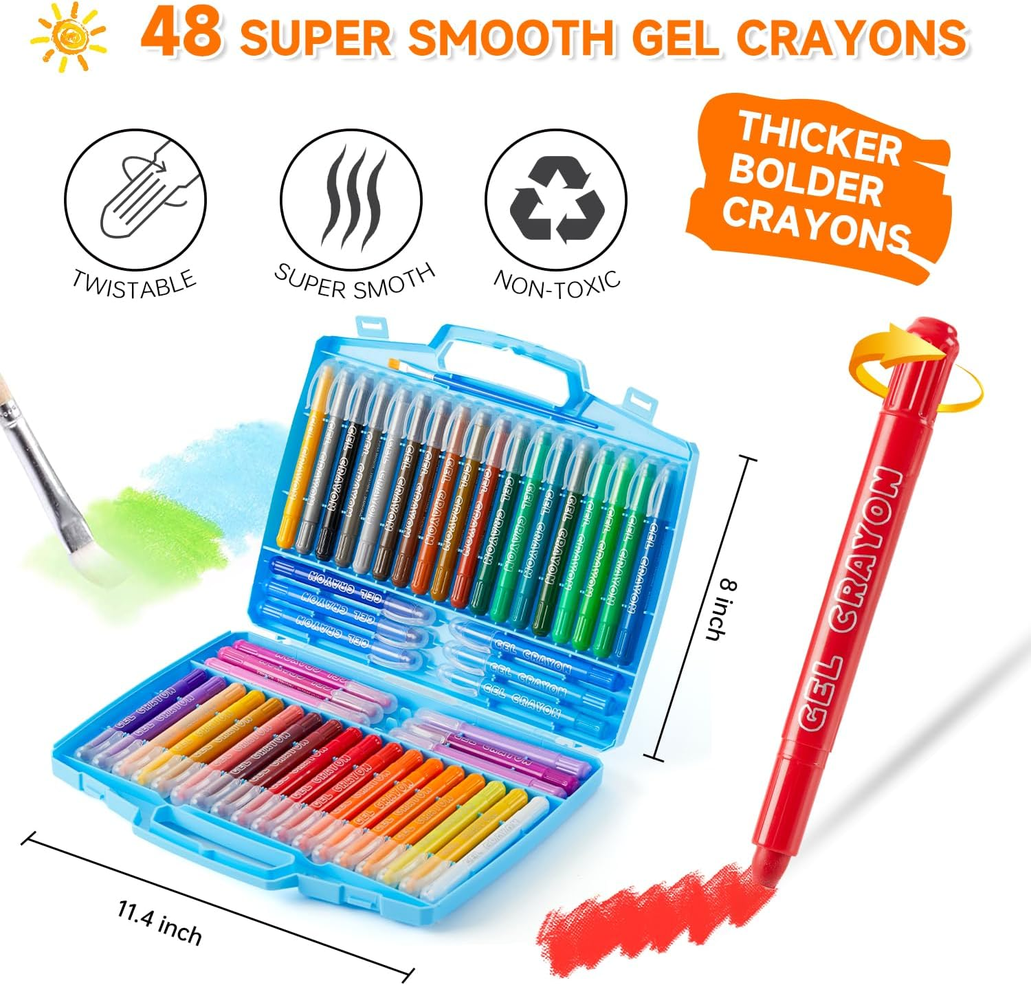 Shuttle Art Gel Crayons for Toddlers, 48 Colours Non-Toxic Crayons Set with 1 Brush and Foldable Case for Kids Children Colouring, Crayon-Pastel-Watercolour Effect, Ideal for Paper