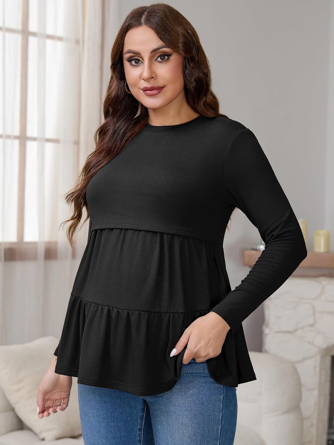 Cheibear Womens Nursing Top Ruffle Pleated Long Sleeve Tunic Rayon Postpartum Breastfeeding Shirt Pregnancy Clothes Black Large image number 1