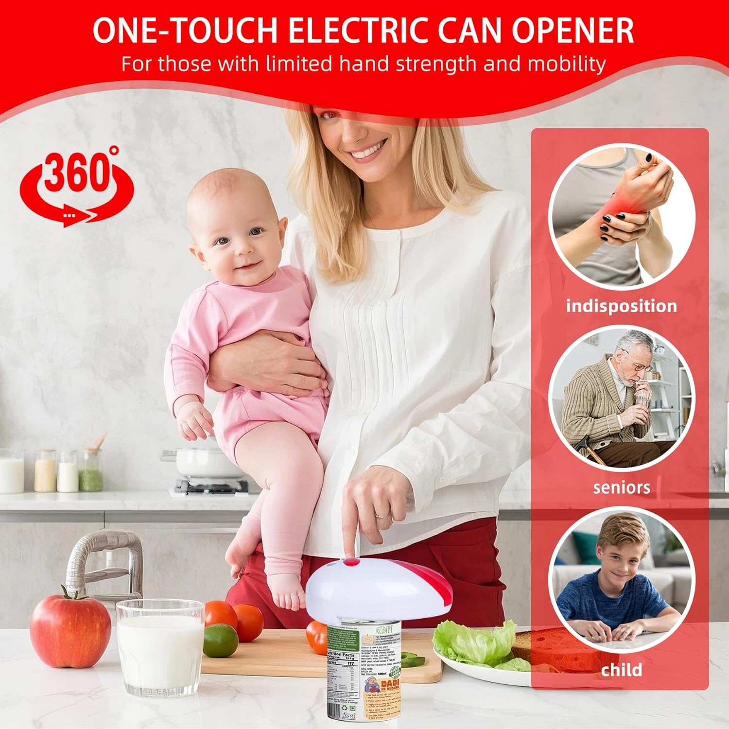 Electric Can Opener Kitchen Gadgets: One-Touch Automatic Can Opener Smooth Edge for Seniors - Safe Magnetic Catches Cover Hands Free Kitchen Appliances Opens Almost Any Can Red image number 6