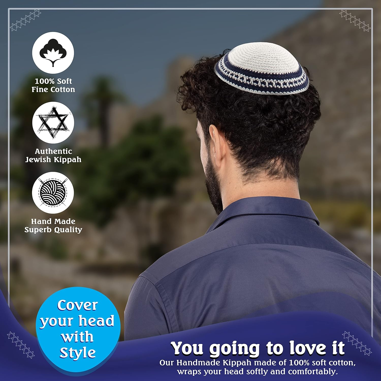 Holyudaica Pack of 5-Pcs Hq 20Cm Satin/Velvet Kippah with Silver/Gold String+Star of David for Men & Boys, Israel Kippot Bulk image number 4
