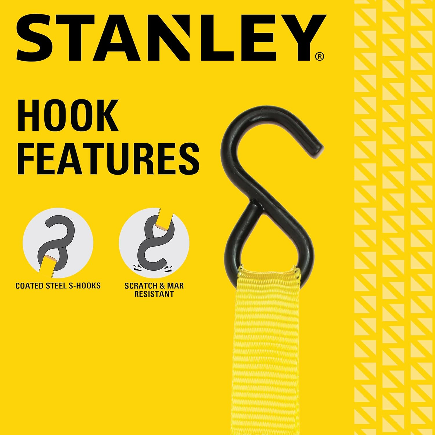 STANLEY S9500 Black/Yellow 1" X 10' Ratchet Straps - Light Cargo (300 Lb Working Load / 900 Lb Break Strength), 4 Pack image number 3