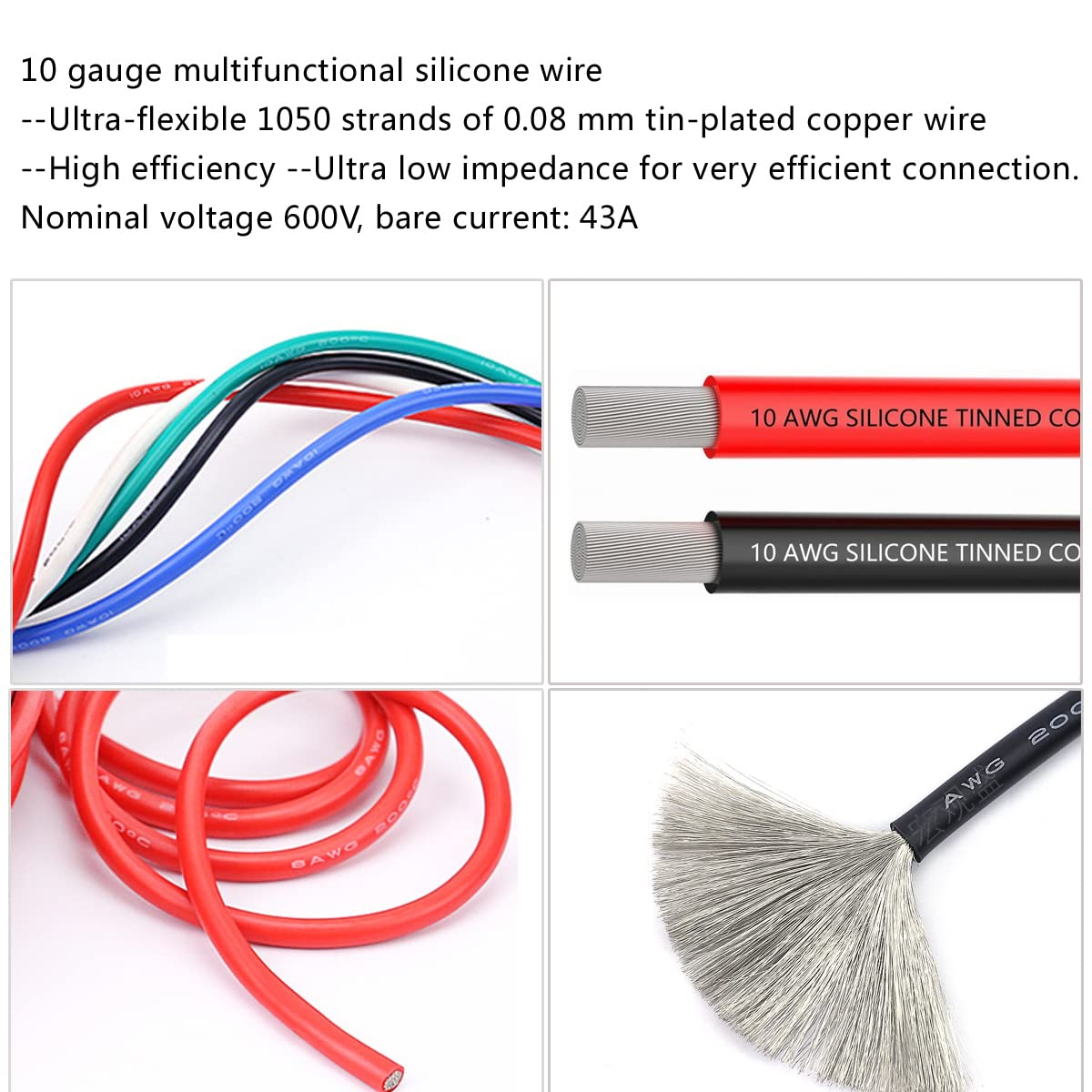 10AWG Flexible Silicone DIY Electric Wire Power Cable Routing 1050 Strands 0.08Mm Tinned Copper Wire Resistant to Heat and Cold Electrical Tape 2 Color X 10Ft Tools Included image number 6