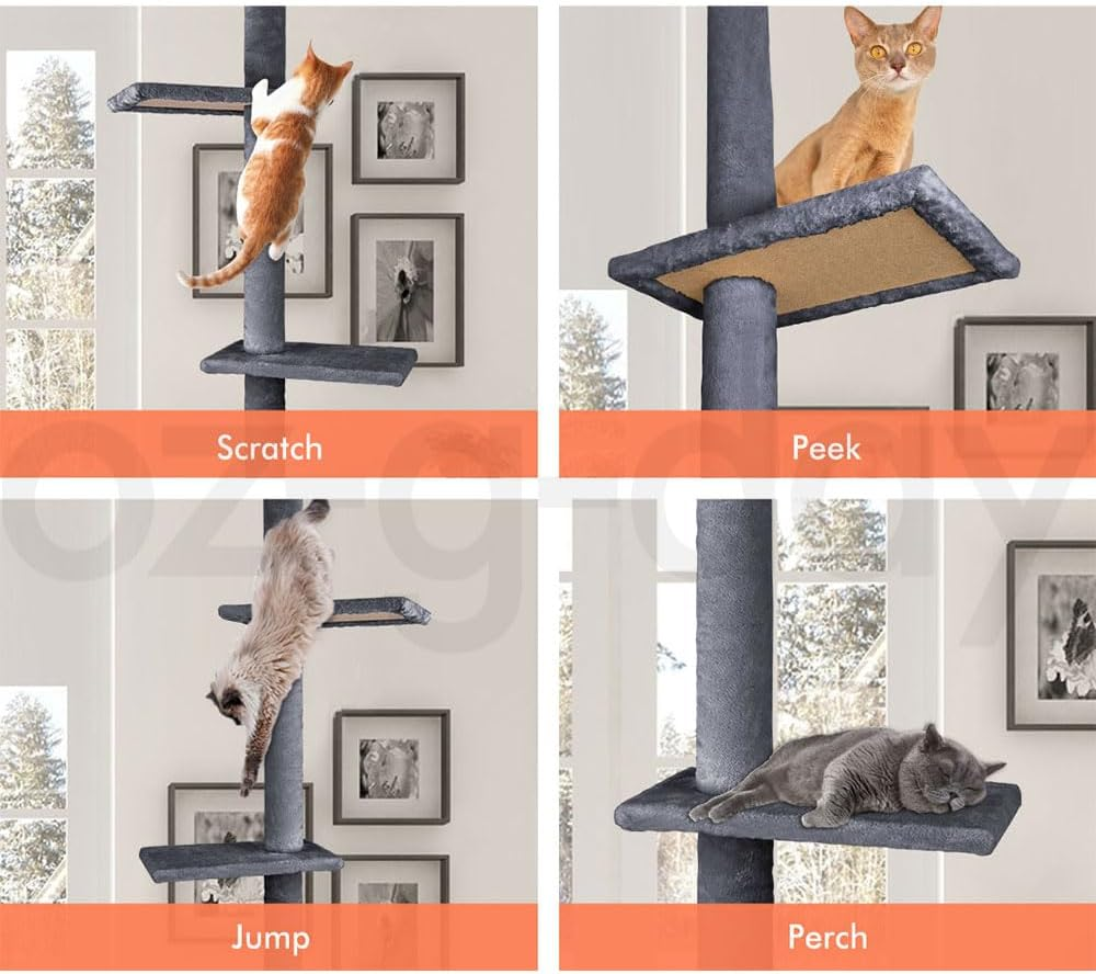 BEASTIE Cat Tree 230-286Cm Floor-To-Ceiling Cat Tower with Adjustable Height, Multi-Level Cat Scratcher Tower, Cat Condo Play House Wood Furniture for Kittens Climbing, Grey image number 5