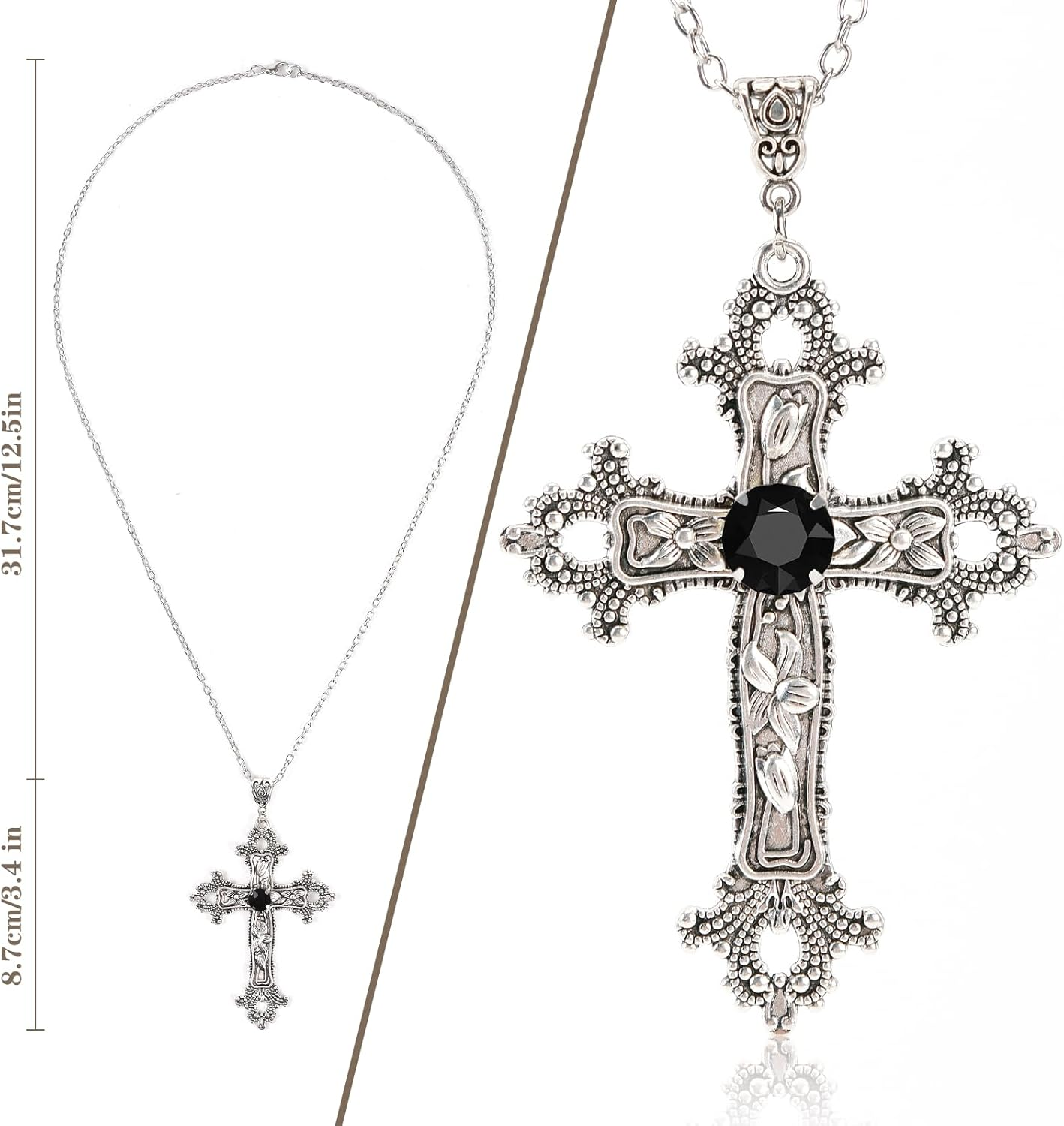 SHUS LIVE Gothic Cross Necklace Silver-Tone Pendant with Glass Stone, on 25&rdquo; Steel Chain, Cross Necklace for Women, Large Goth Silver Cross Necklaces for Man, Big Y2K Necklaces, Halloween Jewelry