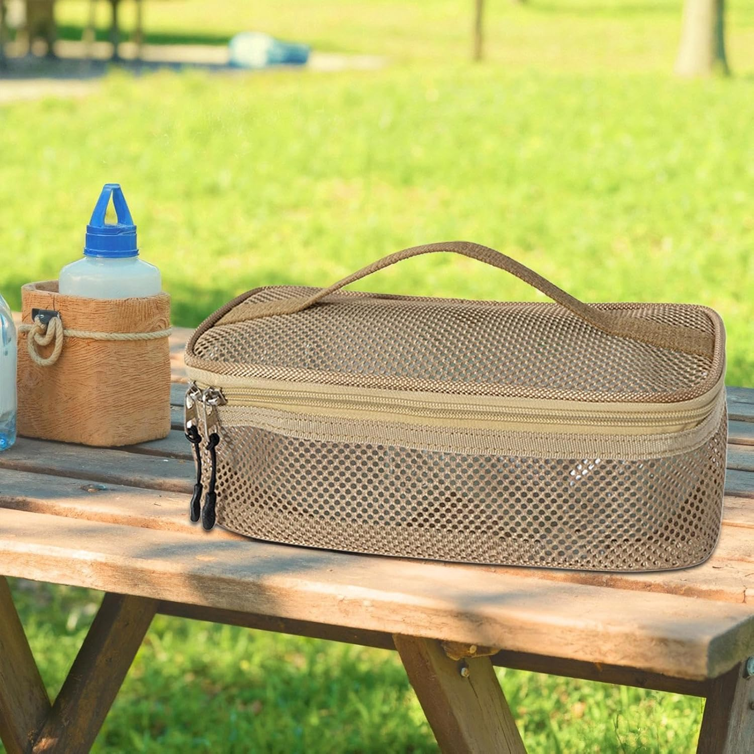 Camping Cookware Bag, Portable Kitchen Utensils Pouch, Breathable Mesh Utensils Makeup Storage Bag for Camping Barbecue Picnic Climbing Beach Adventure Vacation