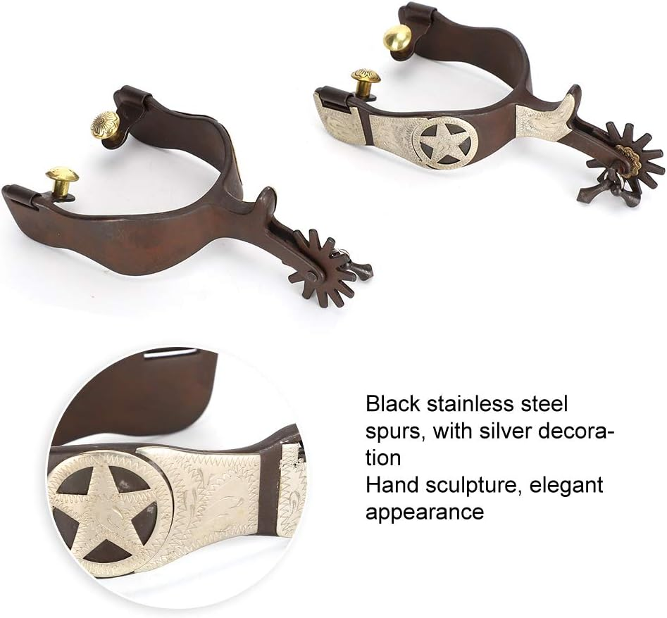 Black Stainless Steel Spurs, Elegant Appearance, Hand Sculpture, Cowboy Horse Boot Spurs, Rider Makes Sound, for Horse Training, Equestrian Competition, Entertainment image number 3