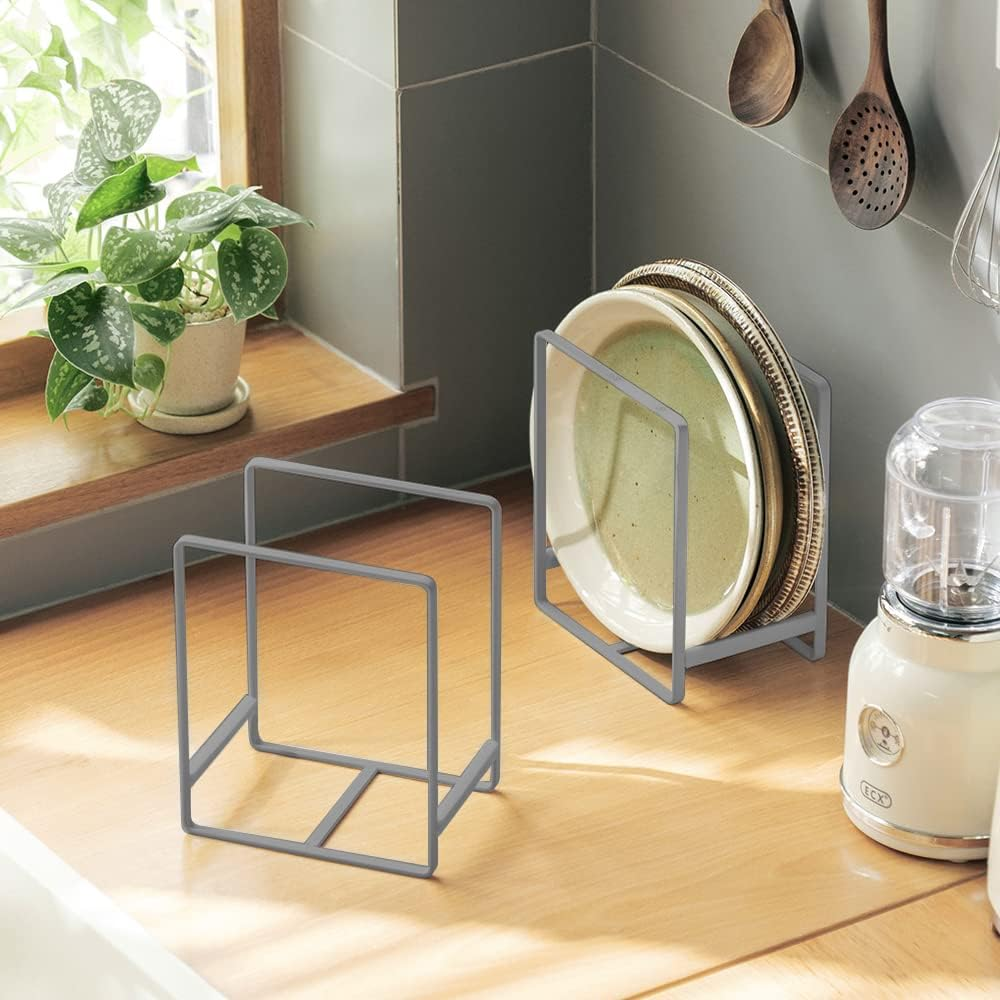 2PCS Plate Holders Organizer, Metal Dish Storage Dying Display Rack for Cabinet, Counter and Cupboard, Grey, Small image number 3