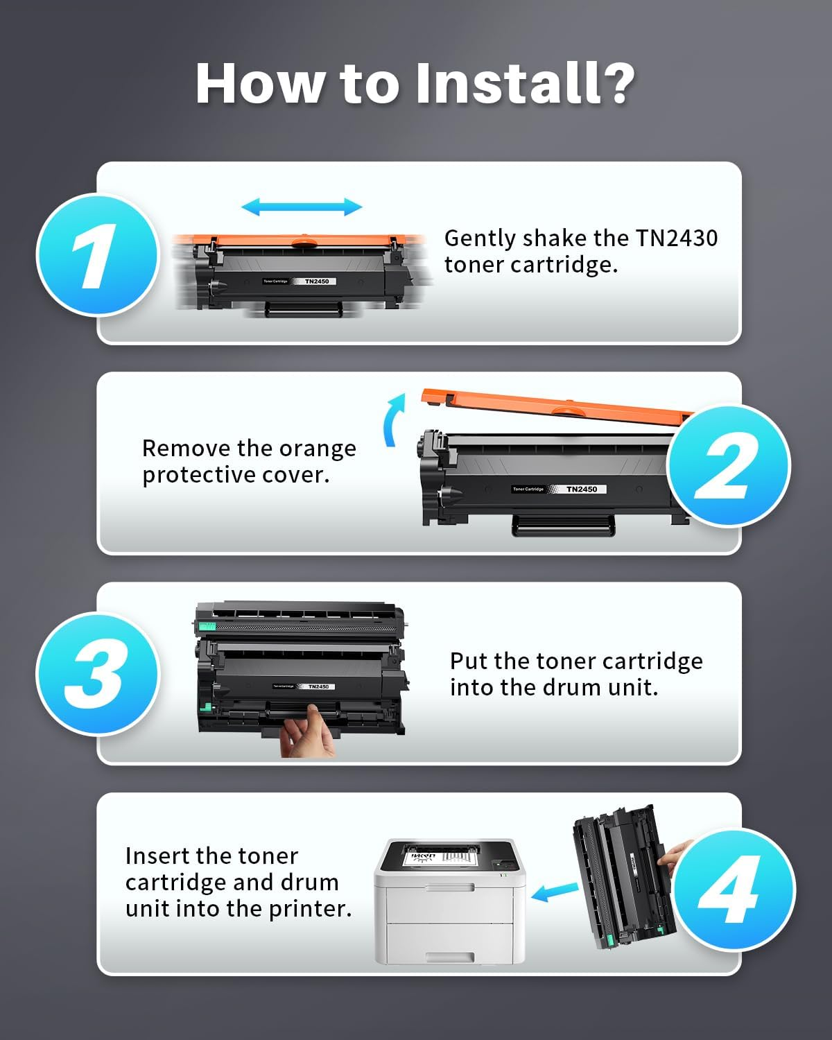 TN2450 Toner Cartridge (3,000 Pages) Compatible for TN2450 TN 2450 TN-2450 High-Yield to Use with HLL2350DW HLL2375DW HLL2395DW MFCL2710DW MFCL2713DW MFCL2730DW MFCL2750DW（1 Black） image number 5