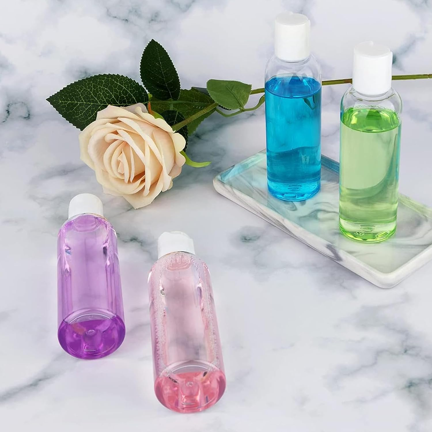 Apstaqeoo 4PCS 150ML Plastic Bottles with White Disc Top Flip Cap Empty Squeeze Bottles Clear Refillable Travel Container Dispenser with Funnel Label for Liquid Lotion Shampoo Toiletries Cosmetic - 150Ml Bottles Disc Top Flip Cap image number 2