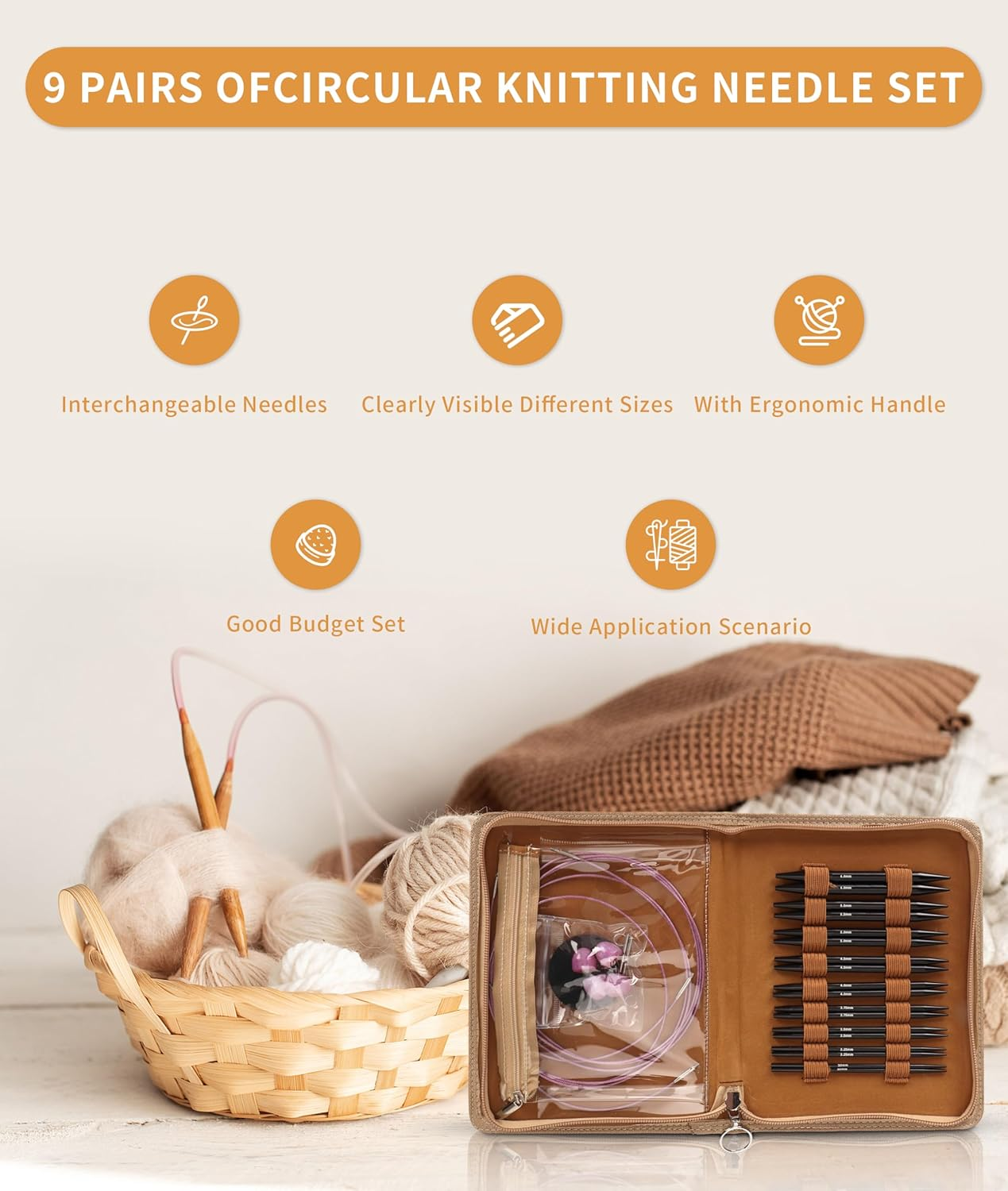 Gugxiom Interchangeable Circular Knitting Needle Set, 9 Pairs (3 to 8Mm), Metal, Ergonomic Handles, Storage Bag, for Weaving Projects image number 1