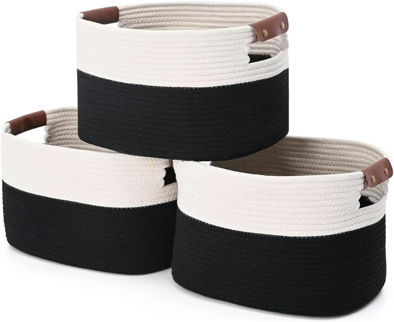 3Pc Foldable Woven Storage Baskets: Detachable Handles - 100% Cotton Rope for Clothing, Toy and Home Organization​(White+Beige,3)