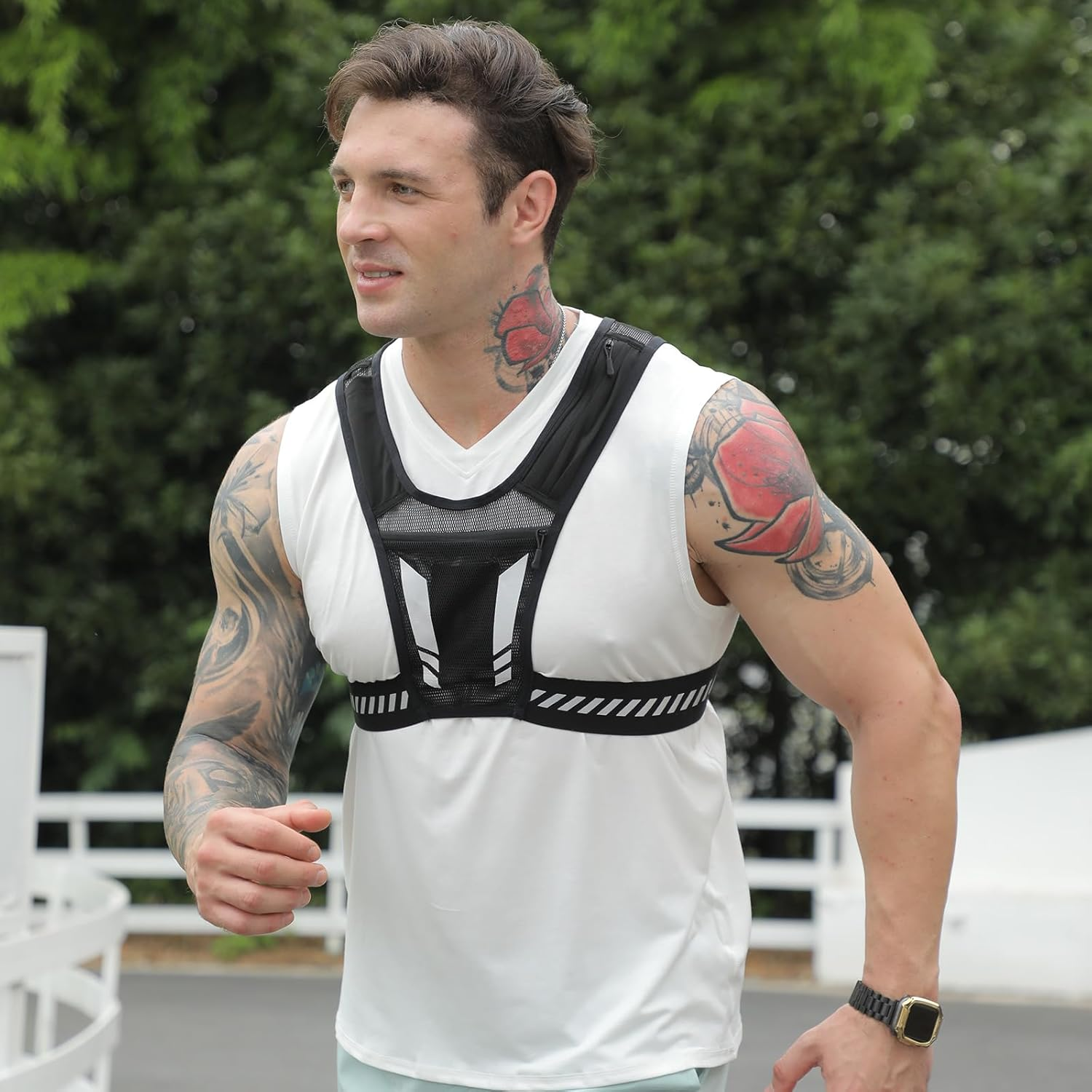 Wocharm Reflective Vest Chest Phone Holder, Adjustable Hydration Training Workout Gear for Nighttime Running Biking Motorcycle Dog Walking - Fluorescent Green image number 6