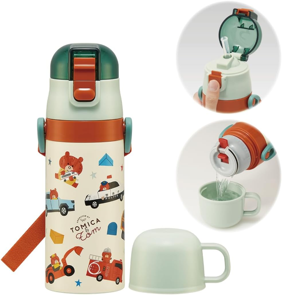 Skater SKCP3-A Children'S Stainless Steel Water Bottle, 2-Way Drinking Straw, 14.1 Fl Oz (410 Ml), Cup Drinking, 11.8 Fl Oz (350 Ml), Tomica and Tom, Tsumupappa, Kid-Friendly Lightweight Type, Small