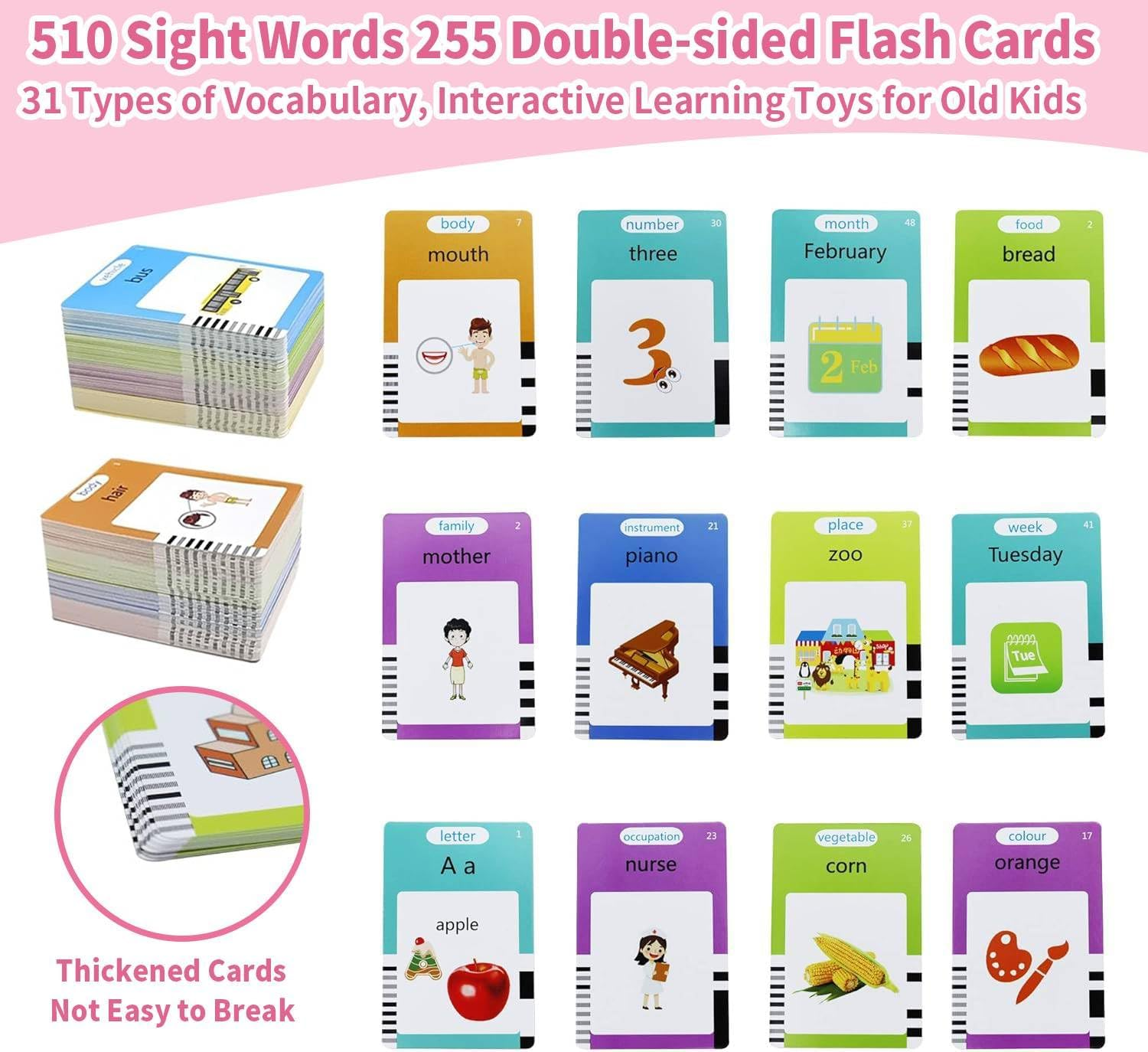 LCD Writing Tablet for Kids, 510 Sight Words Talking Flash Cards, Montessori Toys, Sensory Toys for Autistic Children, Preschool Kids Toys Age 3 4 5 Years Old Boys & Girls Xmars Birthday Gift Pink image number 4