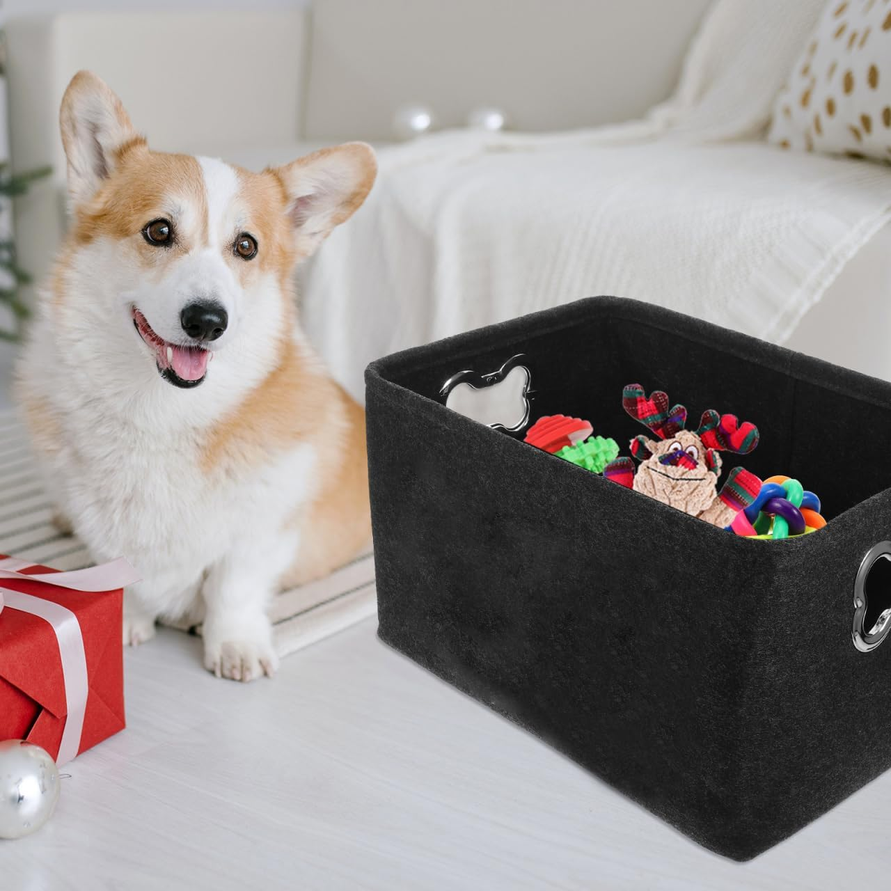 Alasum Dog Toy Storage Box Felt Basket with Metal Handles 15.35X11X8.66 Inches Lightweight Organizer for Pet Supplies and Kids Toys Home Storage image number 3