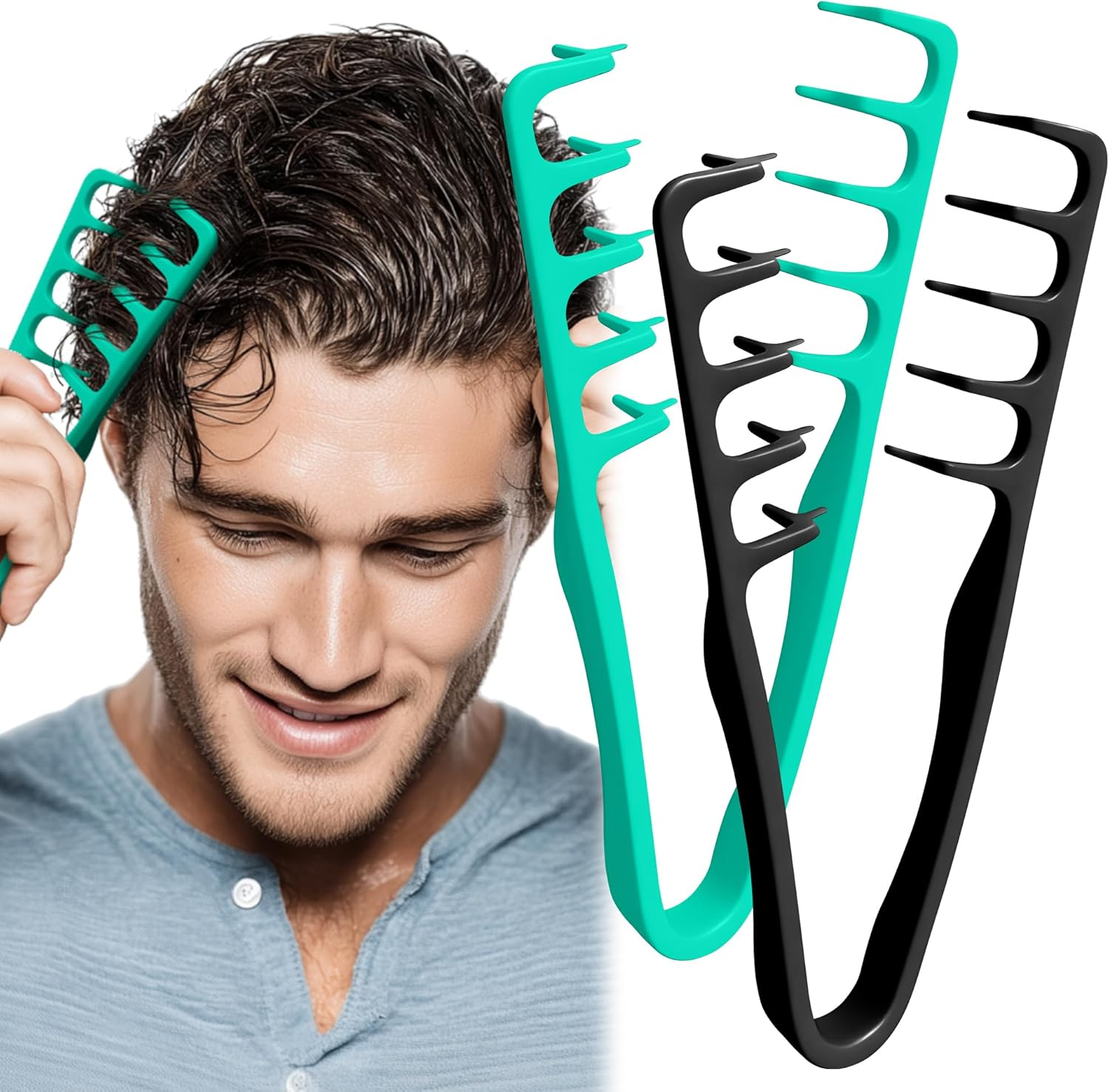 Pack of 2 Texture Comb Volume Comb with Styling Tooth Comb for Care Volume for the Hair Roots with Pony Roots, Lifting Hair Roots Hair Brush for Men and Women, Black and Teal Green image number 2