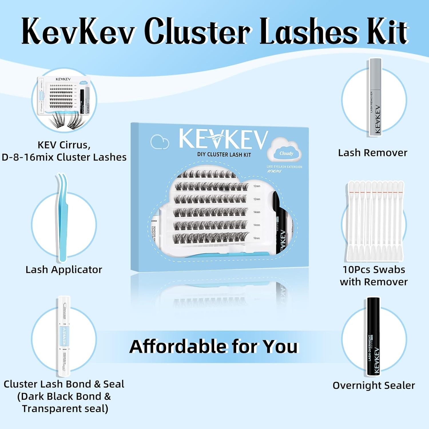 Kevkev DIY Lash Extension Kit Lash Clusters Kit 84 Pcs Cluster Lashes with Lash Bond and Seal 5 Ml Lash Glue Remover Overnighter Seal and Lash Applicator for DIY Eyelash Extension(Cloudy Kit,D-8-16Mix) image number 5