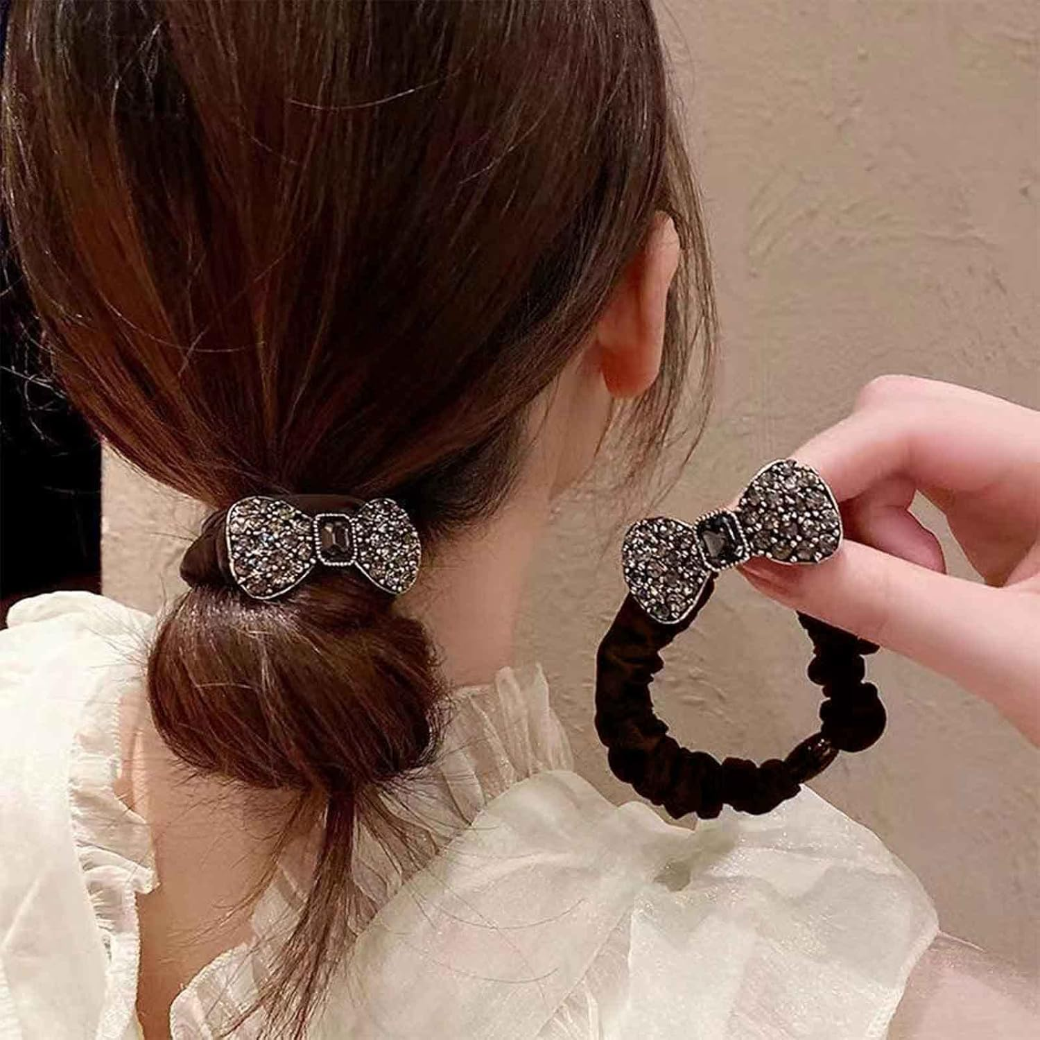 Wendalern Boho Rhinestone Ponytail Holder Bowknot Ponytail Hair Scrunchie Geometric Elastic Hair Bobbles Brown Crystal Hair Ropes Decorative Hair Accessories for Women and Girls image number 4