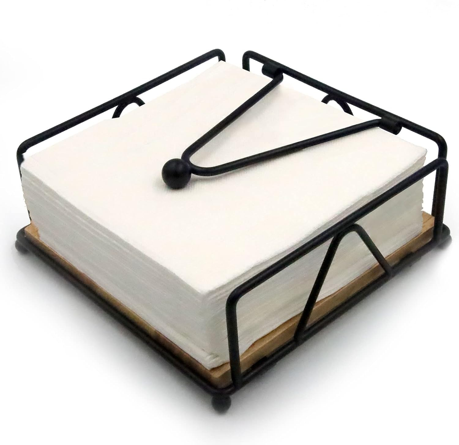 Metal Napkin Holder with Weighted Arm,Metal Napkin Holder with Wooden Base,Square Napkin Holder,Elegant Paper Napkin Dispenser,Metal Flat Napkin Holder for Kitchen Counter, Dining Table (Gold)